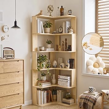 RUNSUNSPRI Tall Corner Bookshelf, 6-Tier Solid Wood L-Shaped Corner Shelf