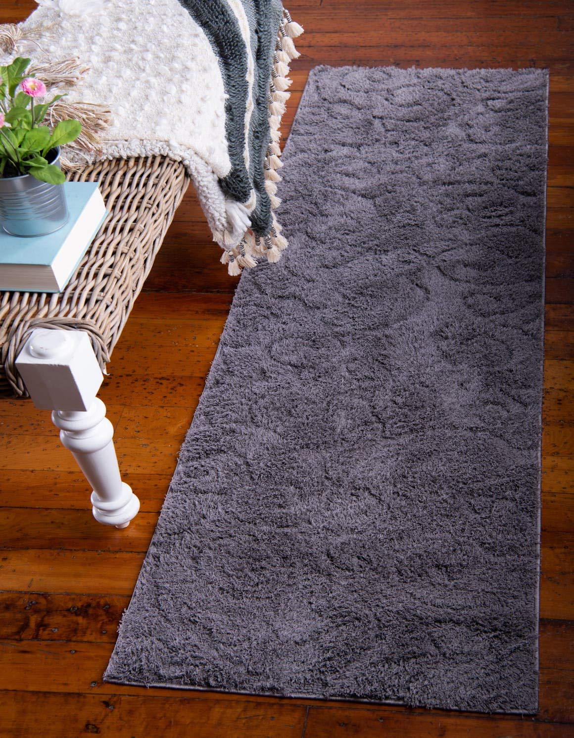 Unique Loom Floral Shag Collection Area Rug-Carved, 2 ft 7 in x 10 ft, Dark Gray