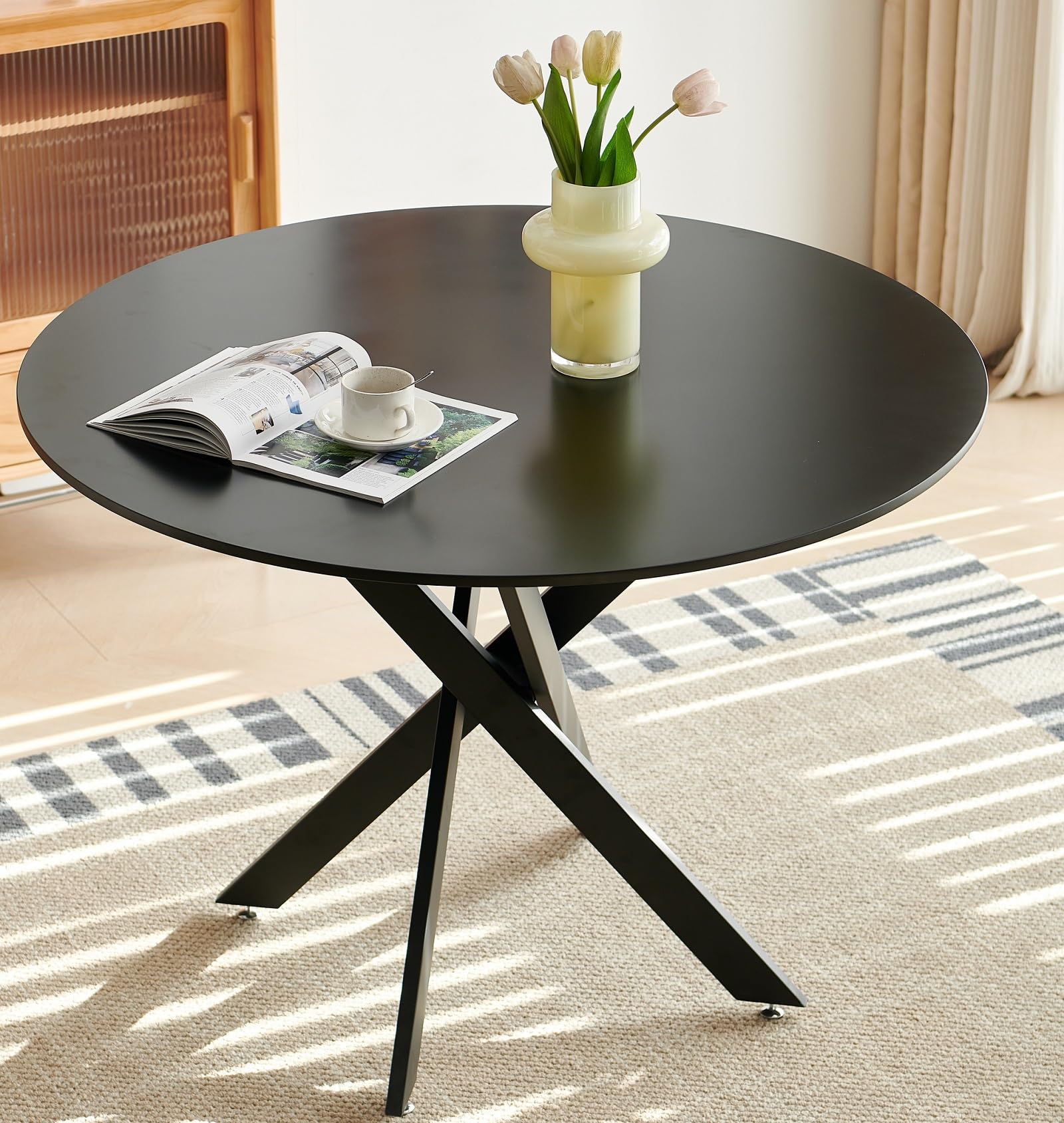 36'' Modern Round Dining Table for 2-4, Wooden Round Kitchen Table for 4, X Shape Metal Legs, Circle Dining Room Table for Small Space (Black, 36in)