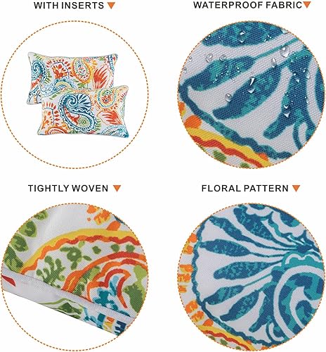 Miniatura 4 de Juego de 2 almohadas lumbares para exteriores, impermeables, decorativas, con insertos, de 12 x 20 pulgadas, para muebles de patio (estampado de