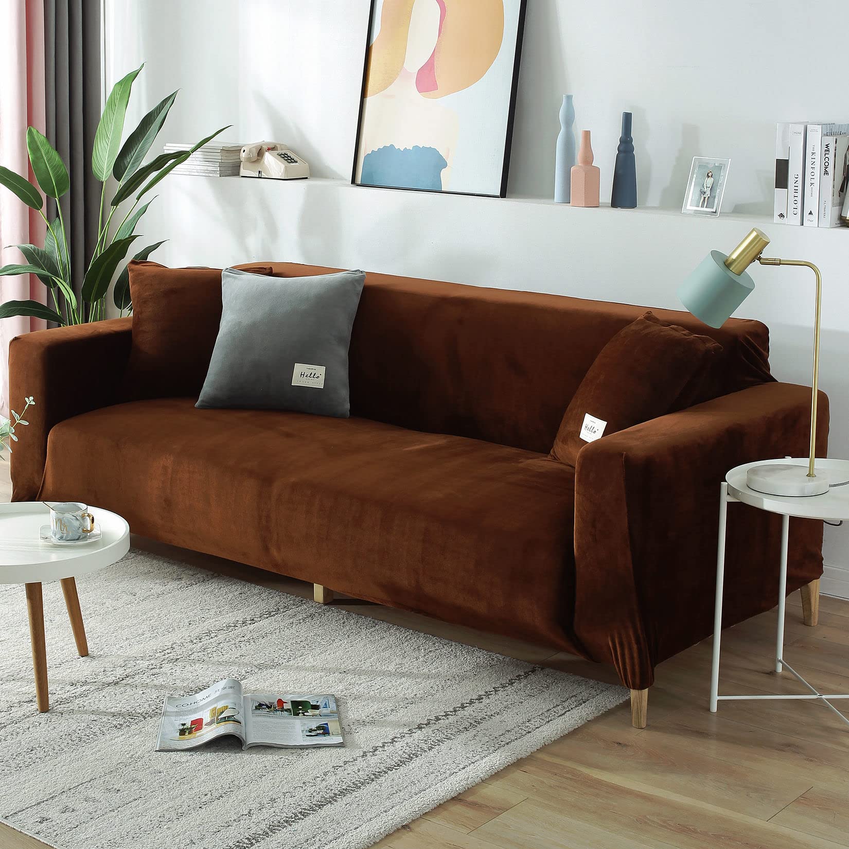 CLGTY Stretch Sofa Cover Chair, Soft Velvet Fabric Couch Slipcover With Elastic Bottom Armchair Covers For Kids Pets-2Seater 140-170CM (55-67in)-brown