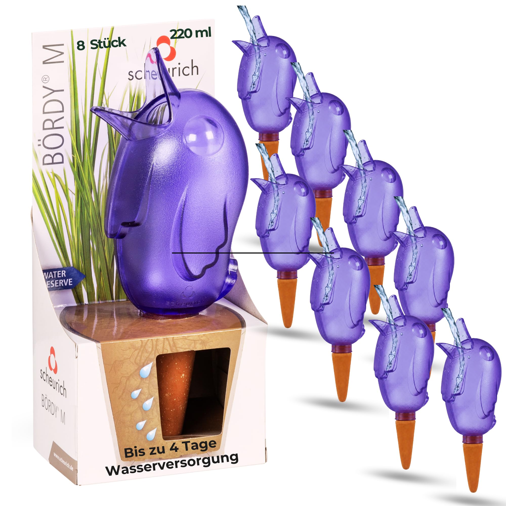 Scheurich Dozownik wody Bördy M | 8 x liliowy | pojemność 220 ml | małe kulki nawadniające z gliny | dozownik wody do roślin pokojowych i kwiatów, trzonek z terakoty