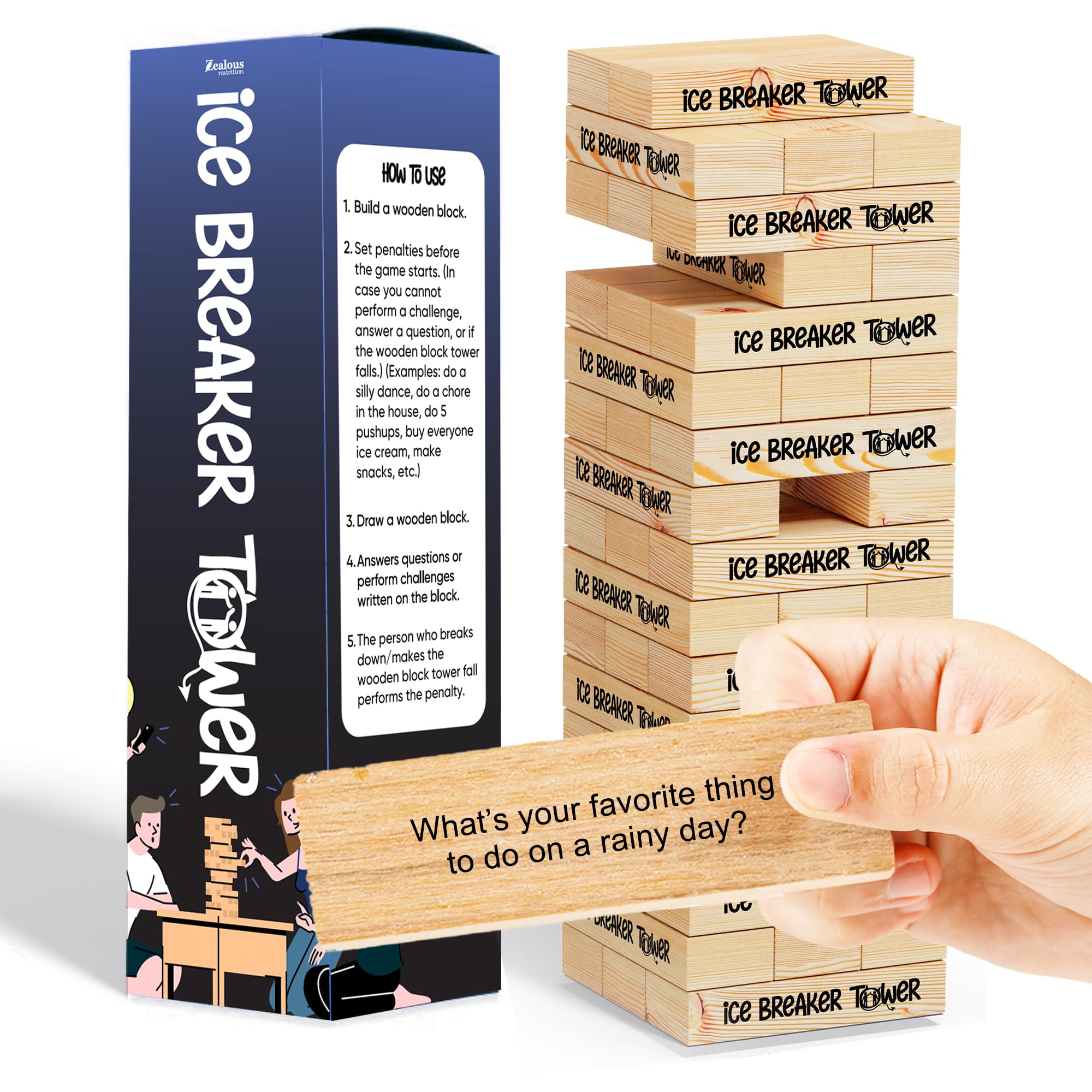 Ice Breaker Tower - Engaging Stacking Wooden Block Game - 54 Fun Conversation Starters - Create Real Conversations - Friends, Coworkers, Family, Relationships, Date & Game Night Fun - Get to Know You