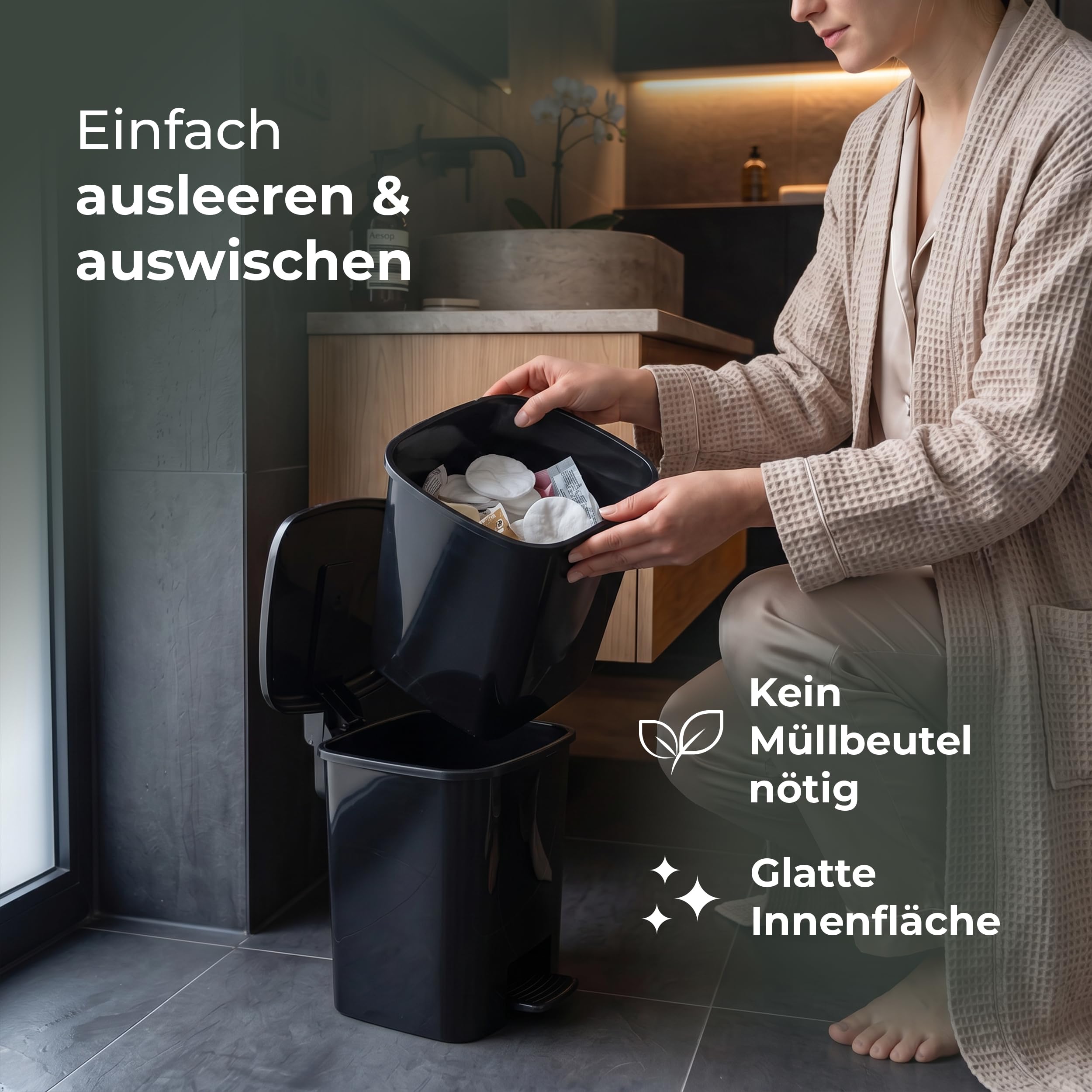 Novaliv Kosmetikeimer 5 L 3er-Set schwarz – 3x Mülleimer Bad mit Pedal & Inneneimer | Badezimmer Tretmülleimer Abfalleimer Vorteilsset für Bad, Gäste-WC & Schlafzimmer, Kunststoff, je 27 x 25 x 23 cm