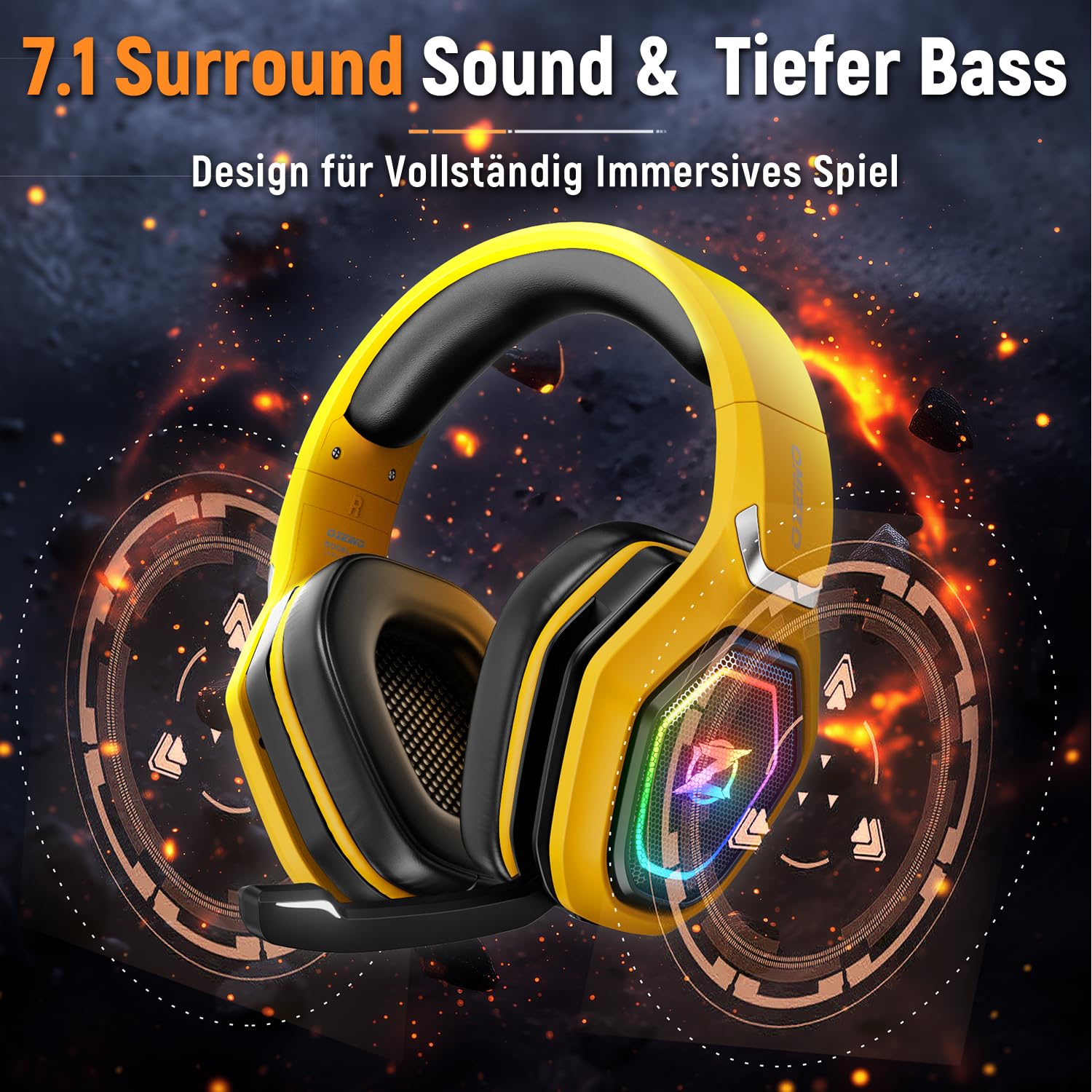 Ozeino Gaming Headset für Ps4 Ps5 PC, Ps5 Headset mit 2.4GHz Wireless Bluetooth Noise Cancelling, 30 Stunden Akkulaufzeit, Lightweight, Gelb Und Schwarz