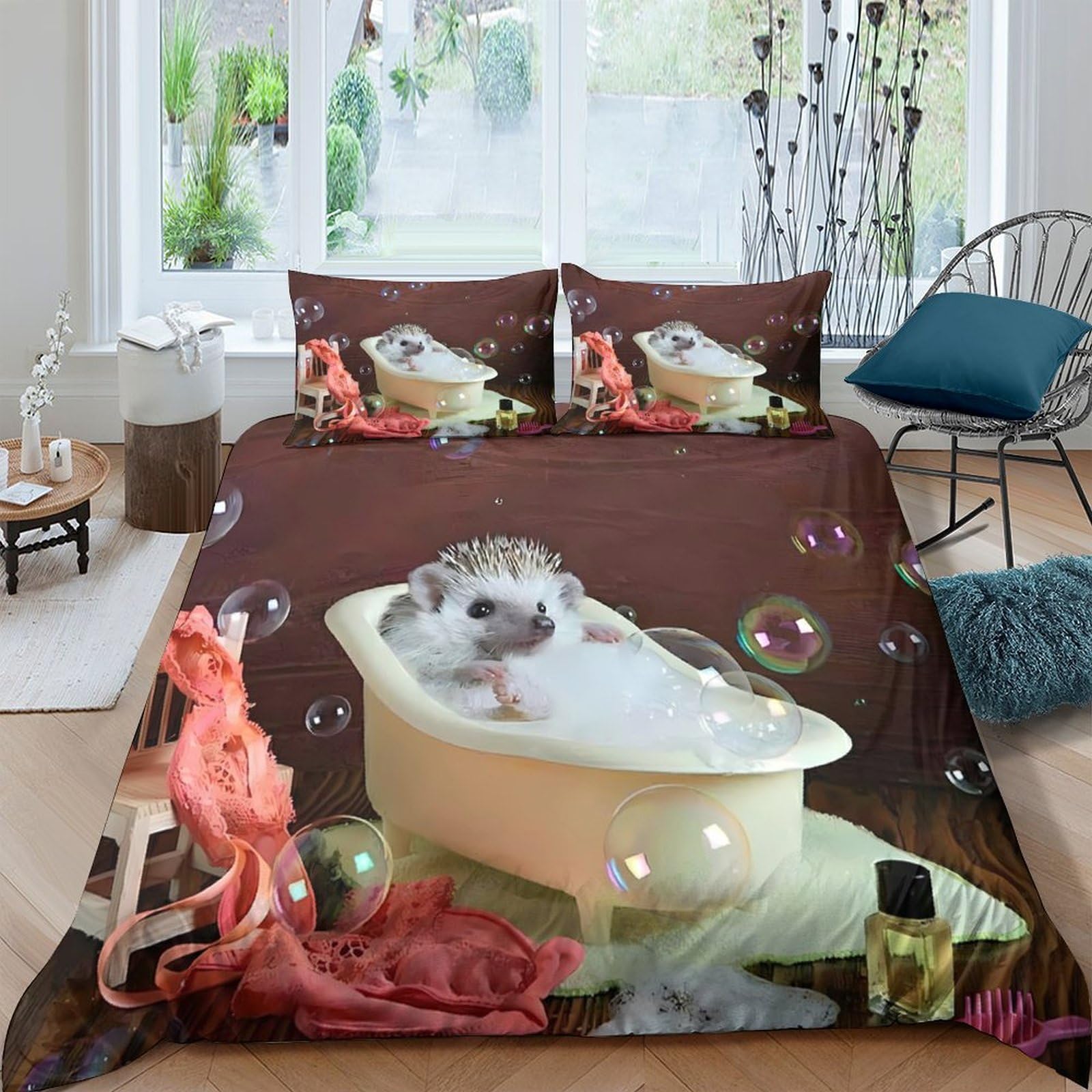 Ctjqhvkz Style-9 3D Printed Hedgehog Bubble Bath Fitted Sheet Microfiber Soft Brown Bed Cover For Bedroom Guest Room Decor Single（135X200cm）