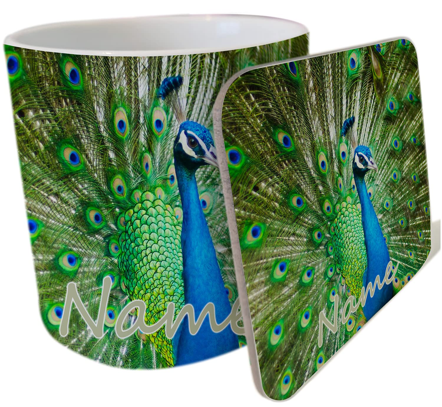 AK Giftshop Personalised Mug and Coaster Set - Peacock - Gift - Birthday - Christmas - Stocking Filler - Secret Santa