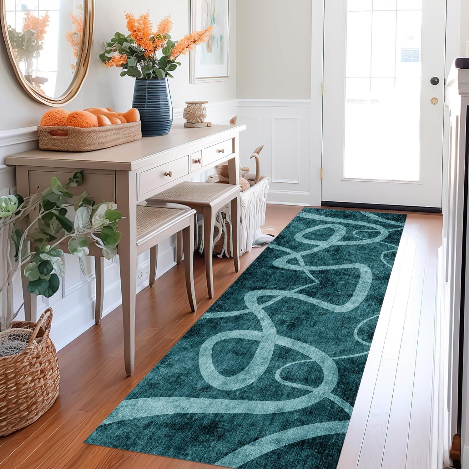 Teppich Läufer Lang Dunkelgrün Flur Küche rutschfest waschbar Teppichmatten Modern Design Küchenläufer 70X150cm Küchenteppich Meterware Esszimmer Schlafzimmer Wohnzimmer Schmutzfangmatte