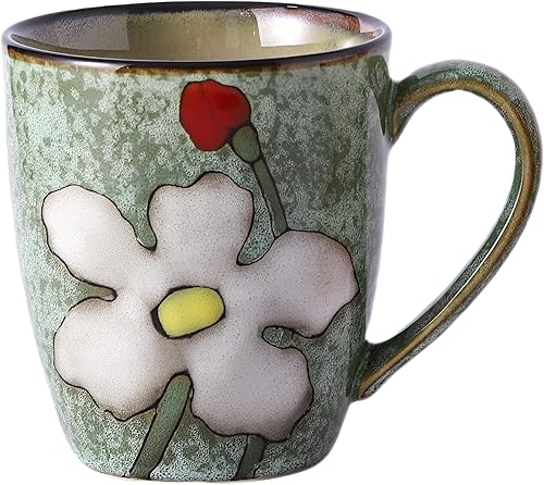 Taza de café de cerámica de 12 onzas con asa, taza de capuchino floral vintage pintada a mano, adecuada para tazas de té, tazas de café de gres