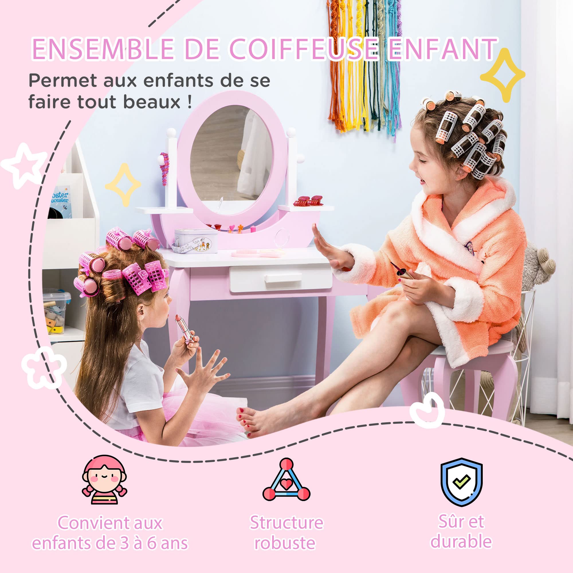 ZONEKIZ Coiffeuse Enfant Table de Maquillage avec Tabouret Miroir et tiroir 65,5 x 46 x 93 cm Bicolore Rose et Blanc