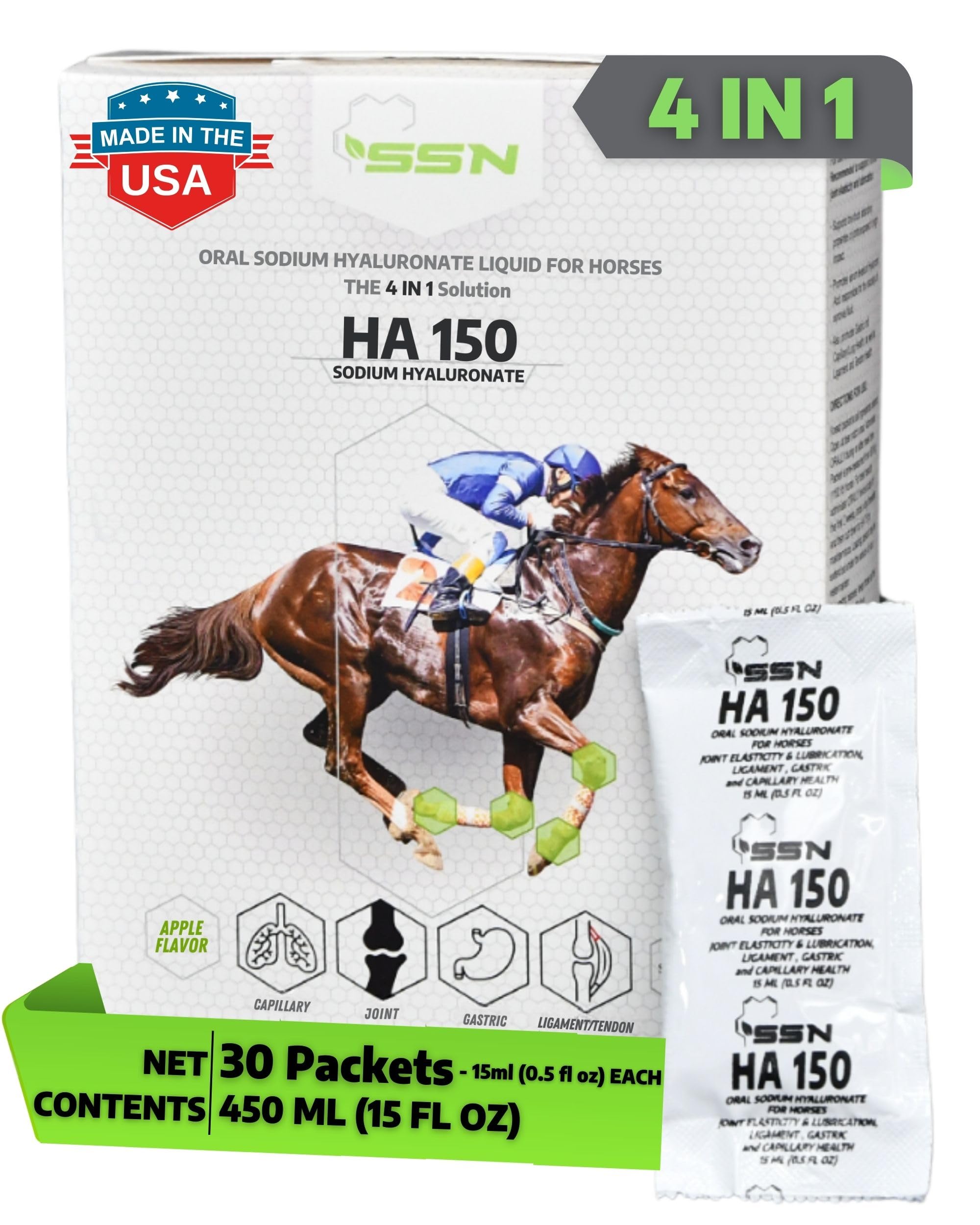 SSN HA 150 - 4 In 1 Horse Supplement - 30 Servings - Equine Joint, Gastric, Ligament/Tendon, Lung Capillary Health - Glucosamine Alternative - (30 Pack, 150mg Sodium Hyaluronate per Serving)