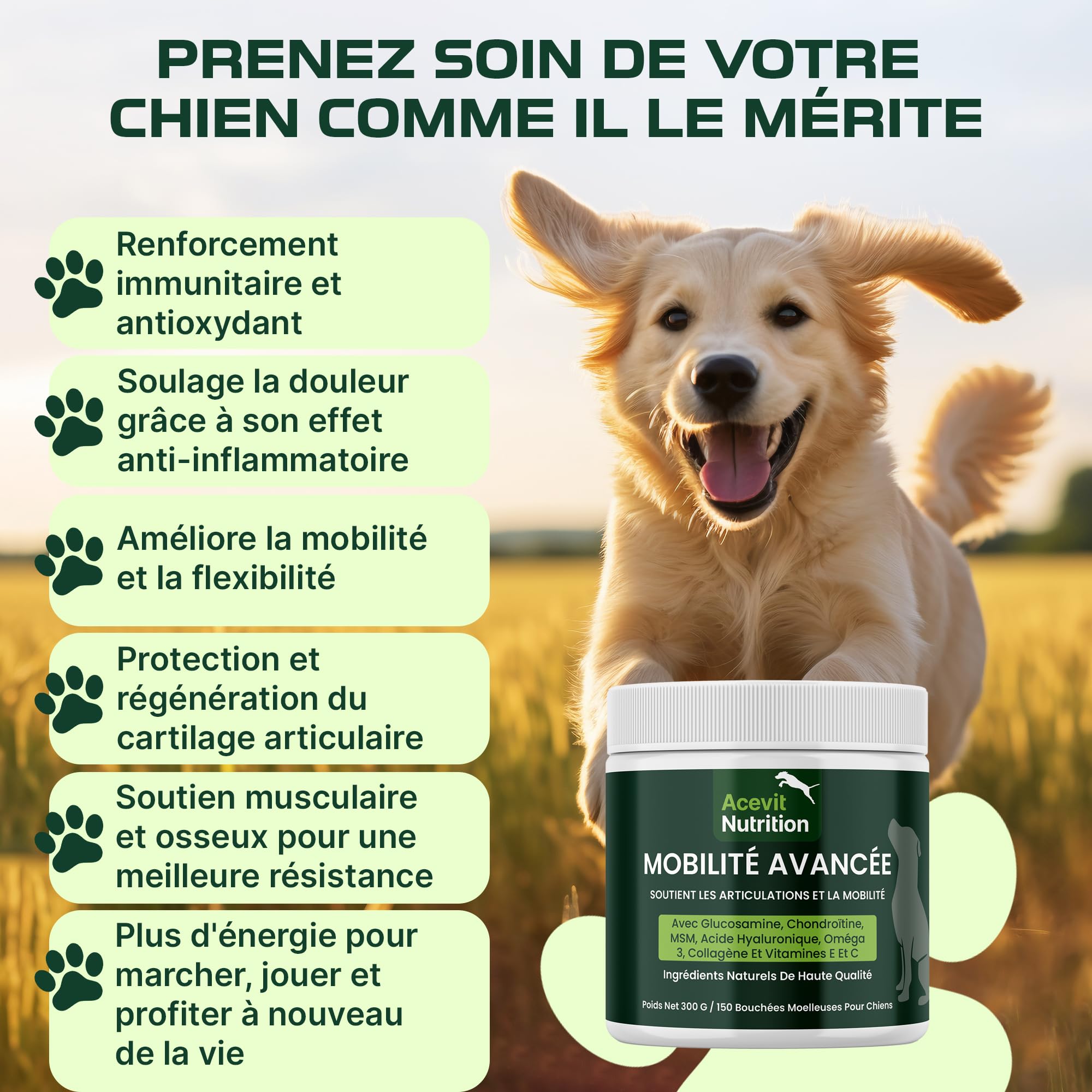Arthrose Chien, 150 Bouchées 100% Naturelles Articulations, Glucosamine, Chondroïtine, MSM, Collagène, Acide Hyaluronique, Anti-Douleur & Anti-Inflammatoire, Formule Vétérinaire Haute Efficacité