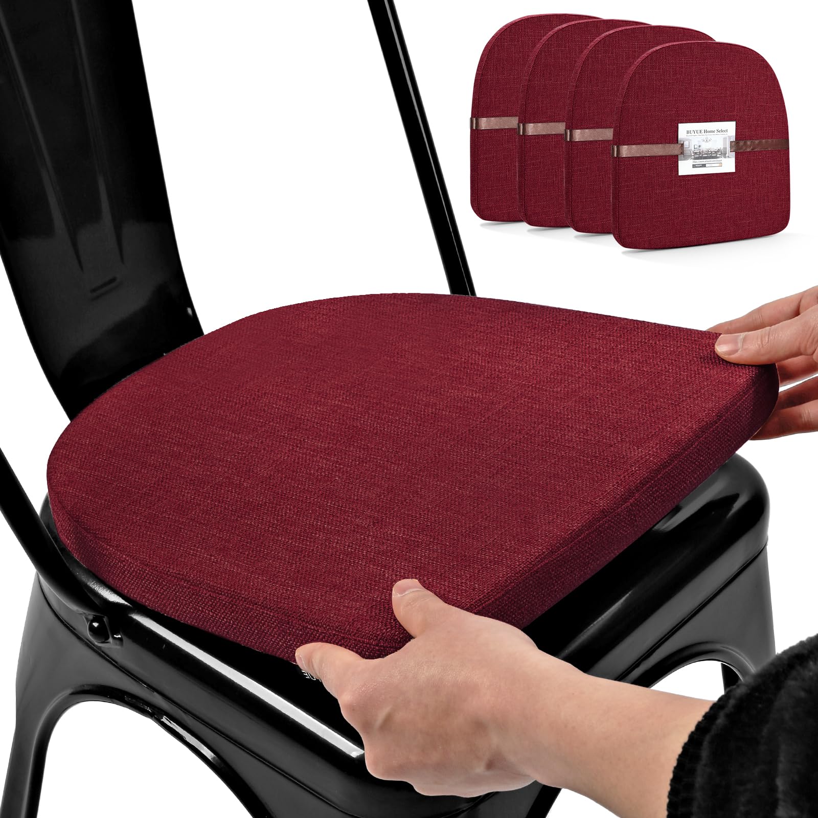 BUYUE Friendly Woven Fabric 14x14 Magnetic Cushions for Metal Chair Set of 4, Enhanced Anti-Slip Seat Pads for Dining Kitchen Café Stackable Chairs (U-Shape, Red, 4 Counts)