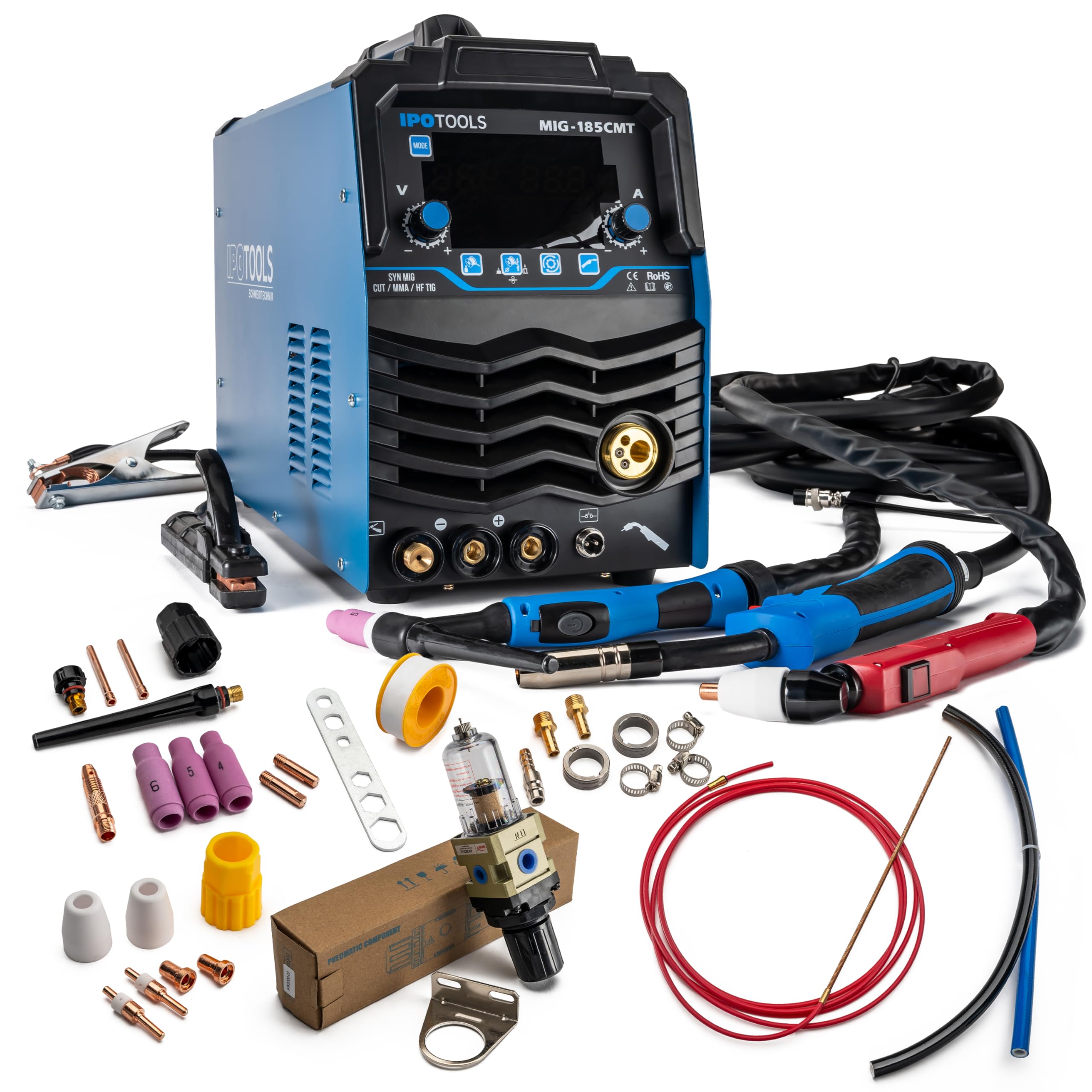 IPOTOOLS Kombischweißgerät MIG-185CMT 7-in-1 WIG MIG MAG Schweißgerät mit Plasmaschneider 45 A Synergic Inverter Schweissgerät mit 185 A mit FLUX | MMA | 230V | 7 Jahre Garantie