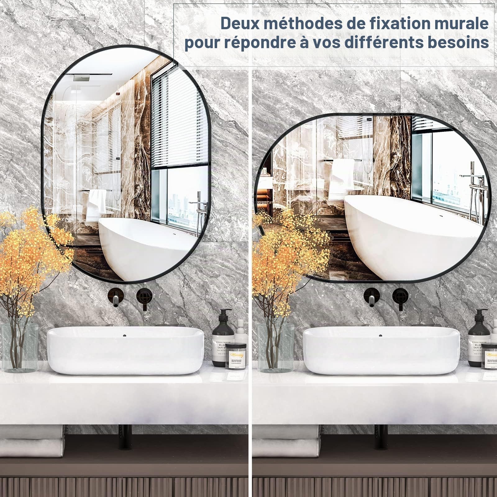 Dripex Miroir Mural 70x50cm, Ovale Miroir de Maquillage avec Cadre en Alliage d'Aluminium, Miroir de Décoration pour Entrée Chambre Salon Salle de Bain-Noir