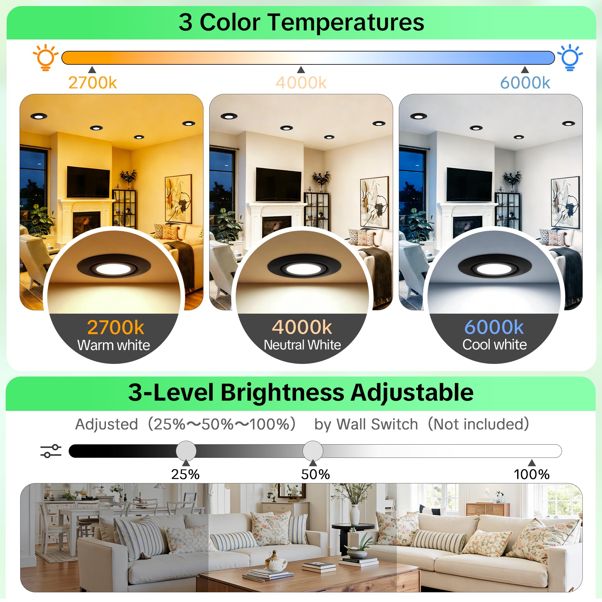 Focos empotrables LED, 230 V, regulables, 6 W, IP44, diámetro 68 mm, giratorios 38°, temperatura de color 3000 K/4000 K/6000 K, para baño, planos, negro, 10er