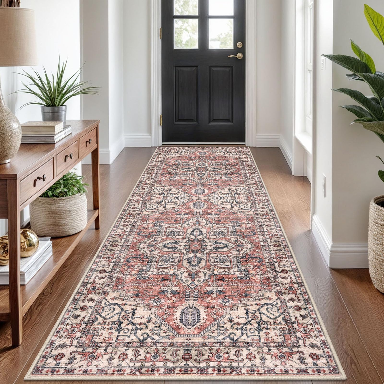 KOZYFLY Boho Runner Rug 3x8 Ft Washable Hallway Rug Faux Wool Printed Long Floor Carpet for Entryway Bedroom Kitchen Living Room Indoor Soft Durable Design, Terracotta/Beige โ image 1