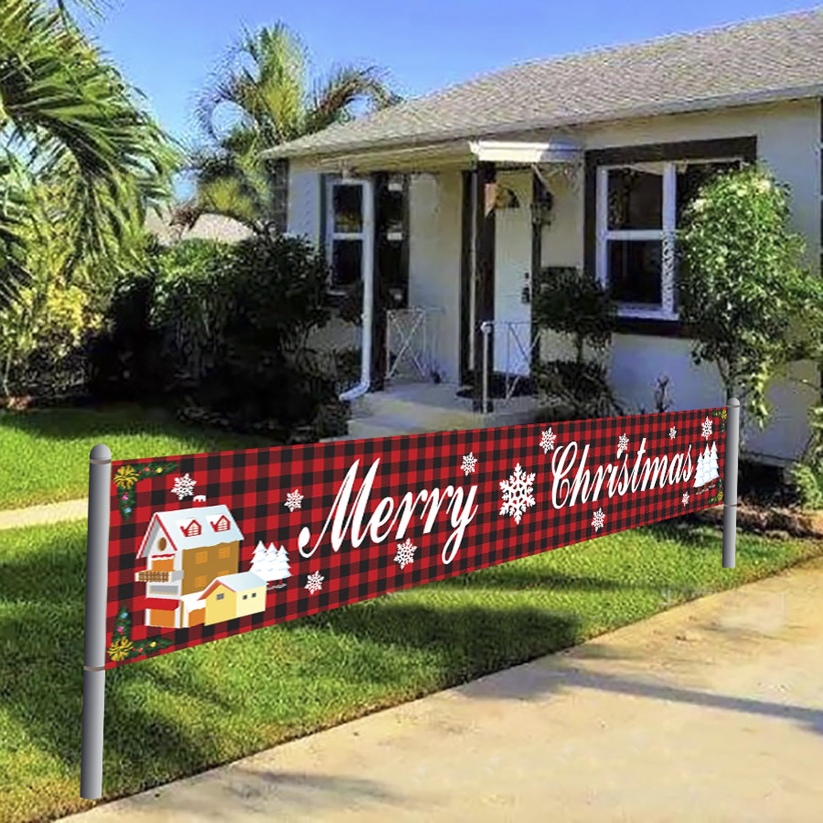 Christmas Banner Outdoor 117” x 19” Large Merry Christmas Banners Decorations for Garden Yard Fence Wall Red Plaid Fabric Xmas Banner Porch Sign with Santa Reindeer Festive Holiday Party Decor - Image 3