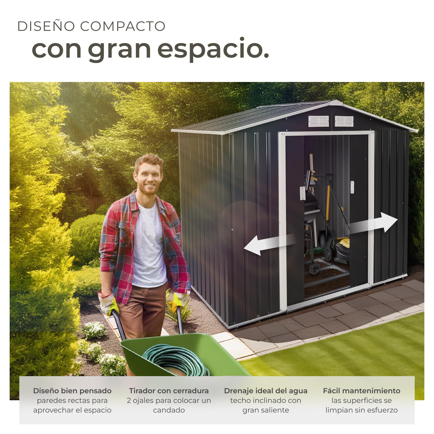 tectake® Cobertizo Jardín Metálico, Caseta Jardin Exterior, Almacenaje Herramientas Jardín, Bicicletas, Armario Jardin Exterior Metálico, Puerta Corredera, Volumen de 4,2 m³ - Gris/Blanco