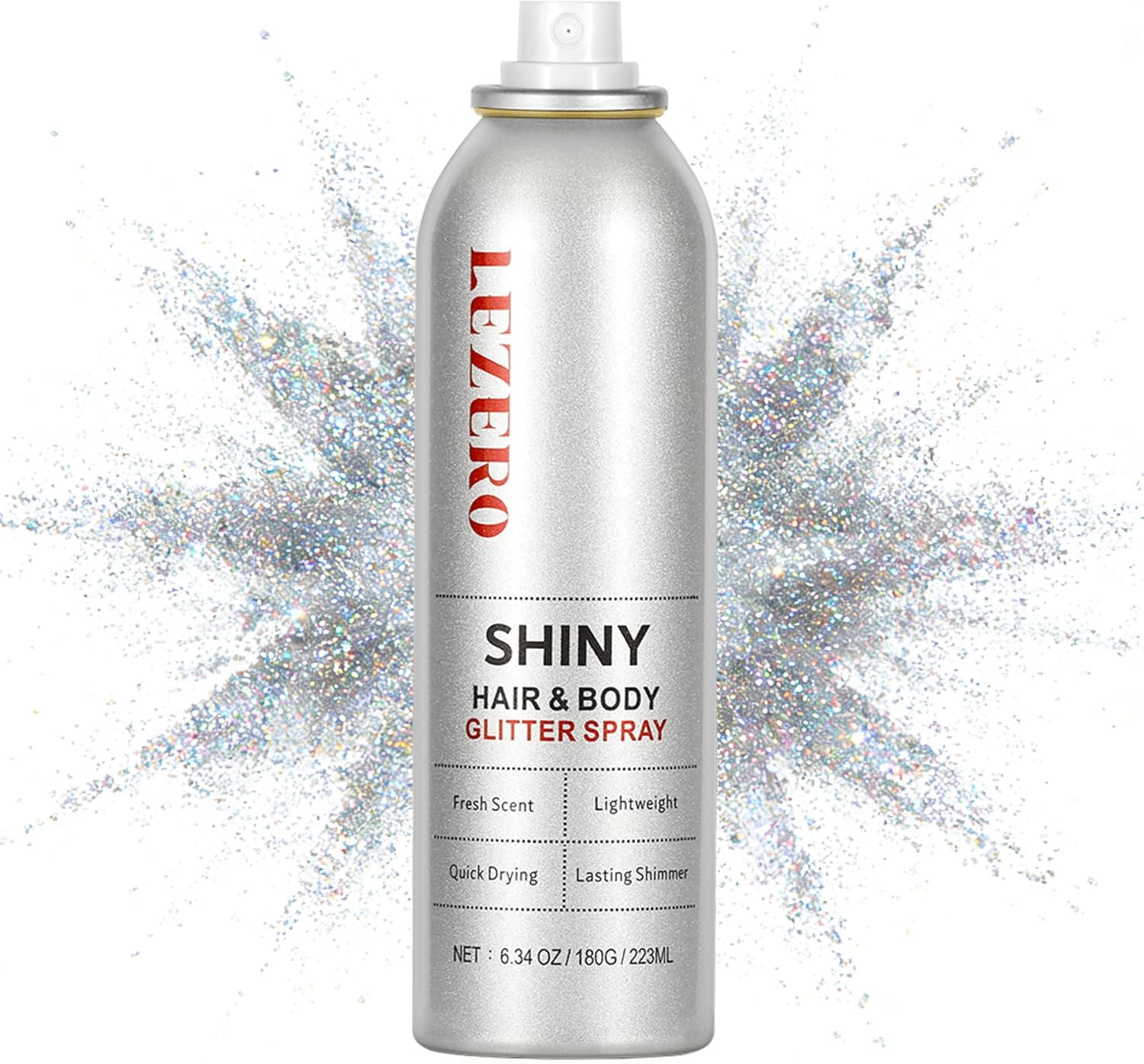 Hair and Body Glitter Spray for Women, Rainbow Silver Shimmer Makeup, Large Capacity for Festival Rave Outfits Accessories, 200ml/6.34oz