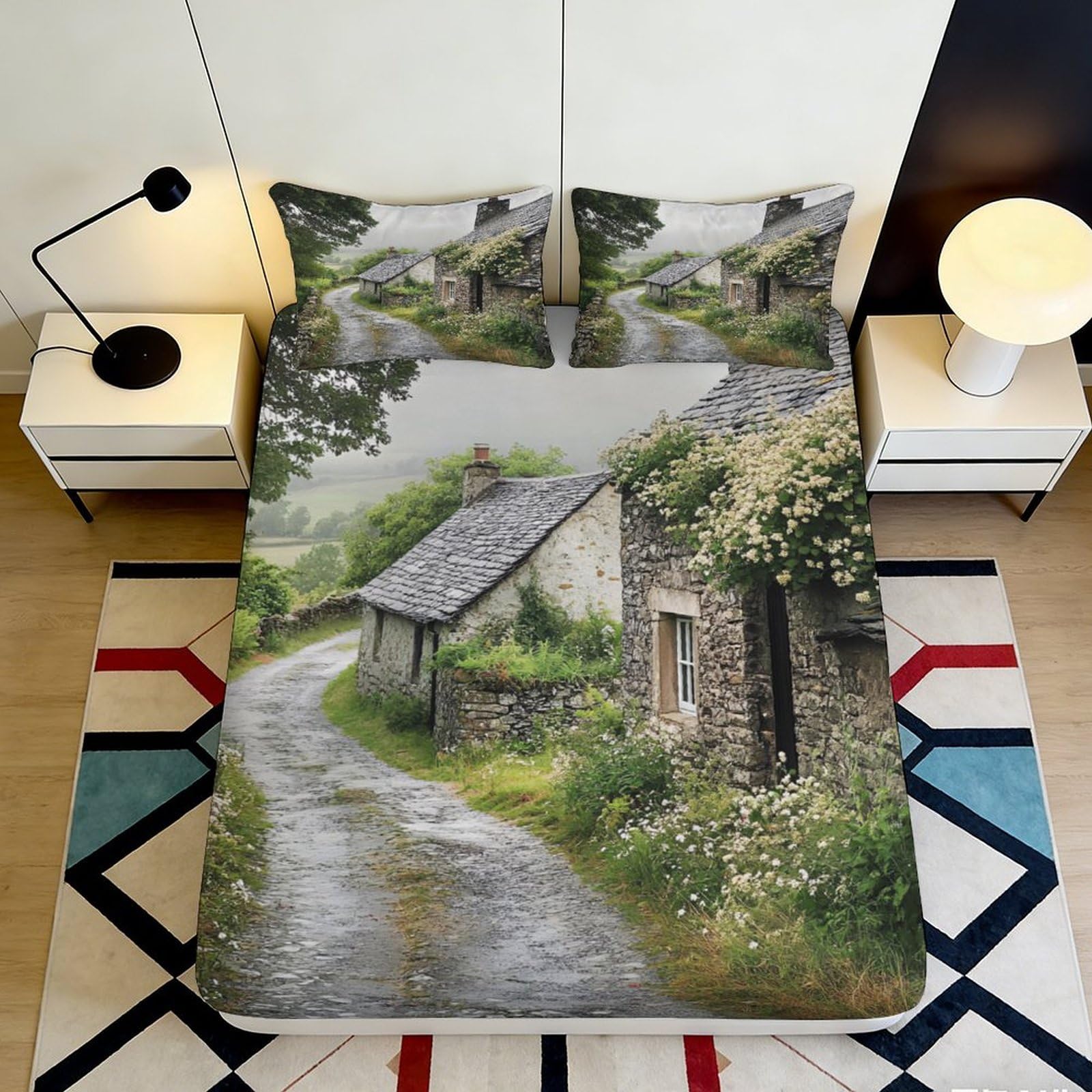 3D Printed Countryside Cottage Fitted Sheet Microfiber Anti-Slip Mattress Cover Rustic Path for Bedroom Guest Room Decor 180x200x25cm