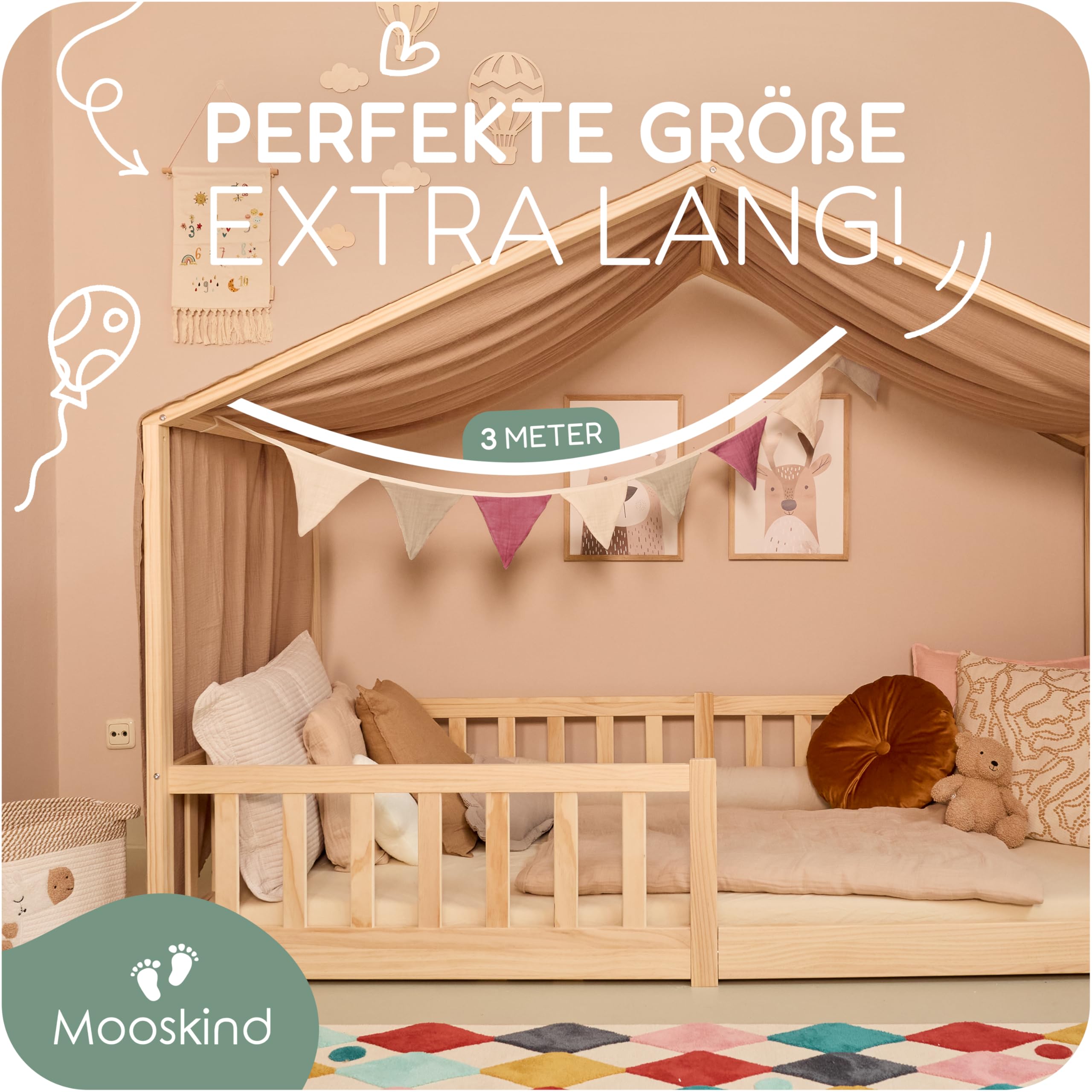 Wimpelkette Stoff [in 3 Farben] – Girlande Kinderzimmer aus 100% Bio-Baumwolle – Handmade Wanddeko für Babyzimmer & Hausbett – Wimpelgirlande für Mädchen & Jungen – Musselin Deko