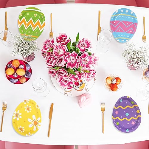 Miniatura 7 de JarThenaAMCS 48 platos de papel de Pascua, platos desechables en forma de huevo de Pascua, platos de fiesta de flores de huevo colorido para