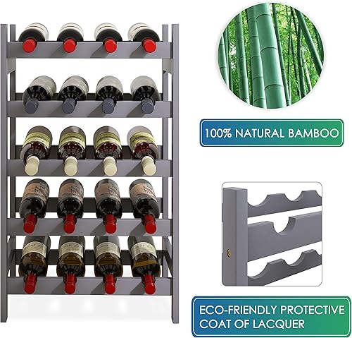 Miniatura 4 de SMIBUY Estante de bambú para vino, soporte para 20 botellas, estantes de almacenamiento independientes de 5 niveles para cocina, despensa, bodega,