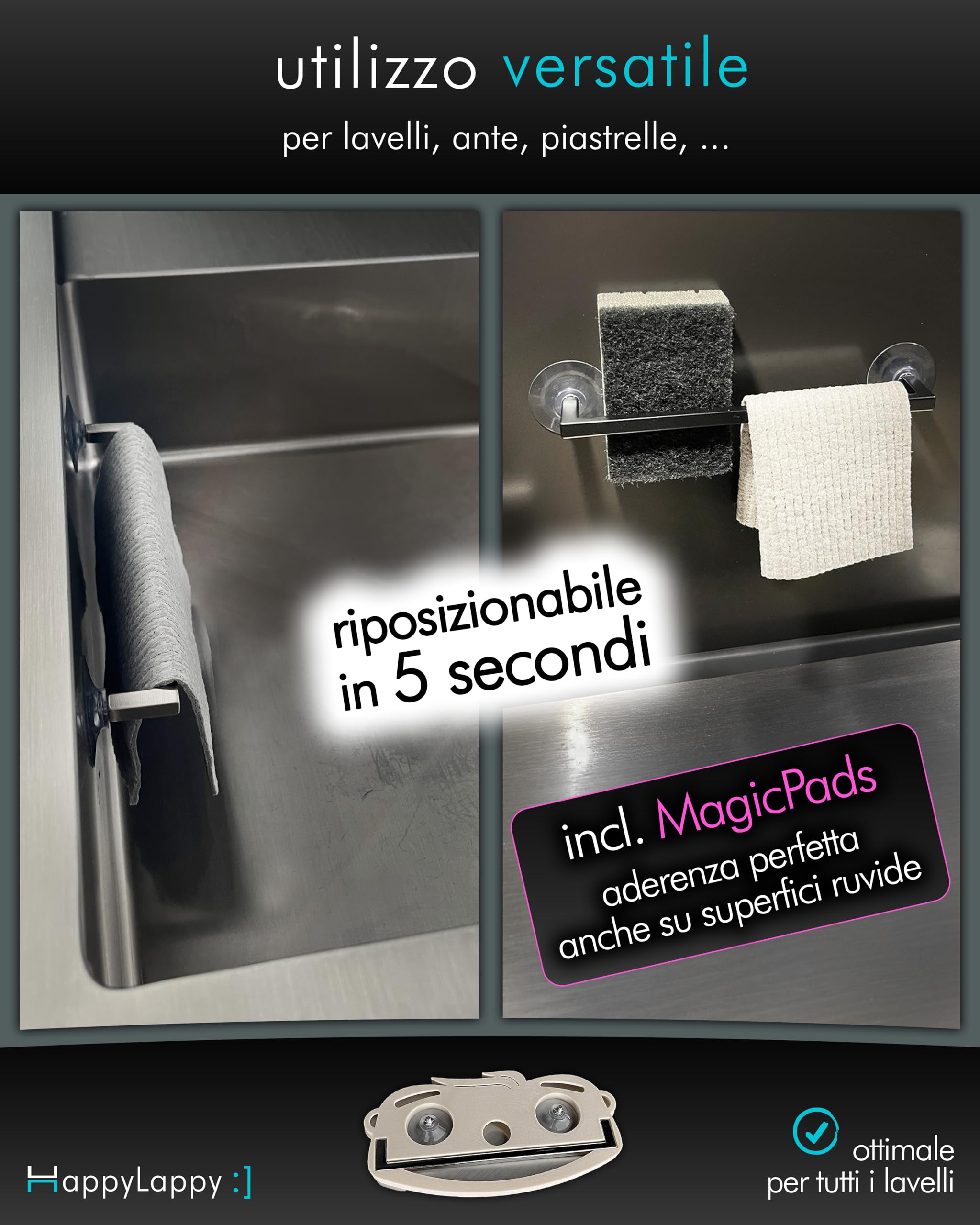 snagger HappyLappy Supporto per Panno da Lavello | Porta Spugna con Ventosa senza Fori né Colla | Design Elegante | Organizer da Cucina, Finitura Acciaio Inox