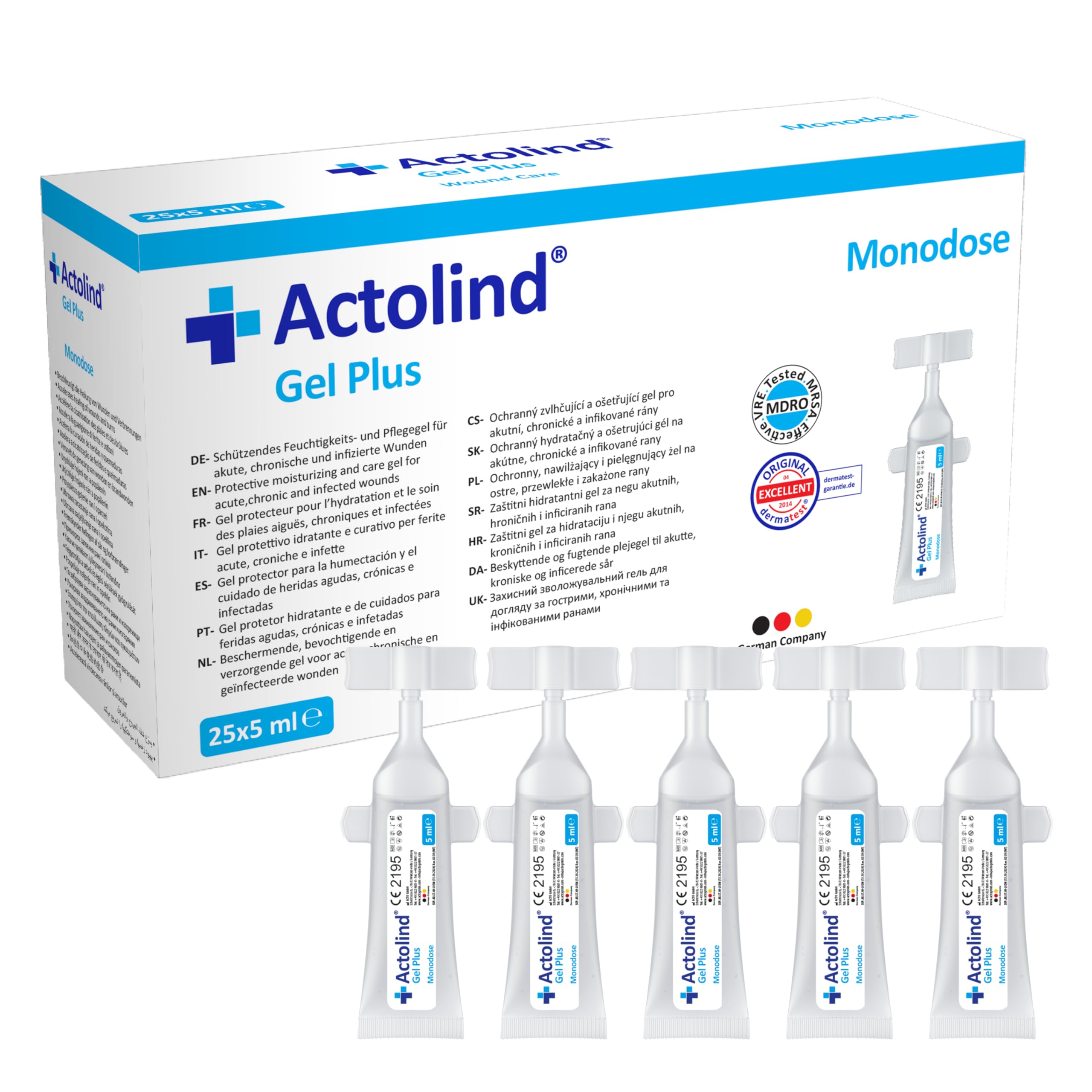 Actolind Gel Plus 25x5 ml – gel antisettico per ferite, indicato per ustioni, punture di insetti e abrasioni, nonché per ferite acute e cronicamente infette. CE III secondo MPG. Con PHMB.