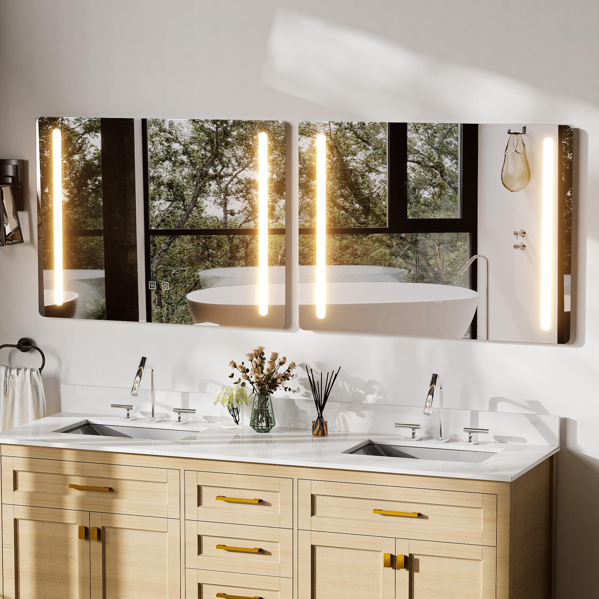 Espejo de baño con luz y antivaho, 80 x 60 cm, rectangular, espejos de pared para baño con LED iluminado, ajustable en 3 colores (enchufe estándar europeo)