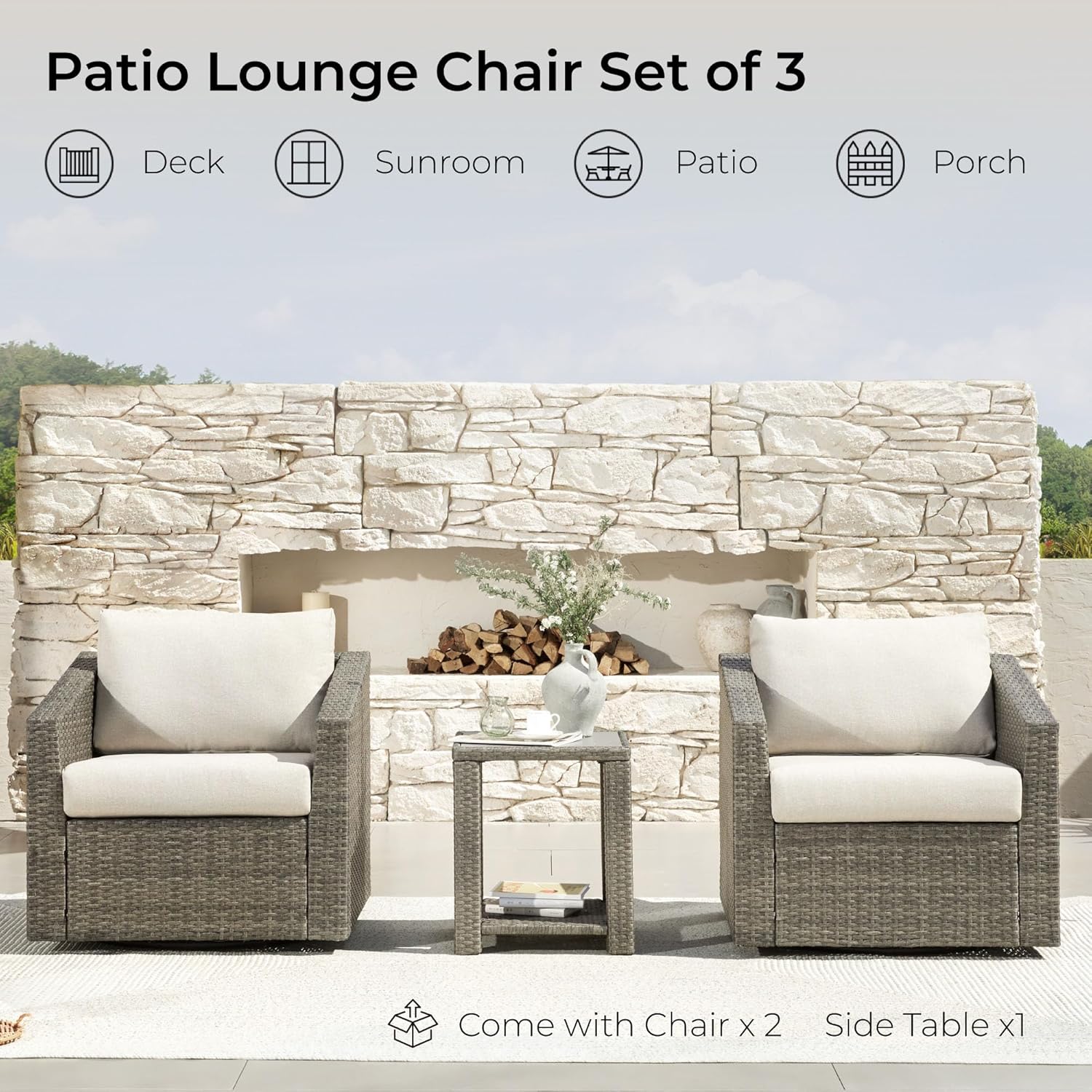 CHITA 3 Pieces Wicker Patio Bistro Set, Outdoor Furniture Set with 2 Pieces Rattan Swivel Chairs, Thickened Cushions and Side Table, Beige Cushions with Grey Wicker