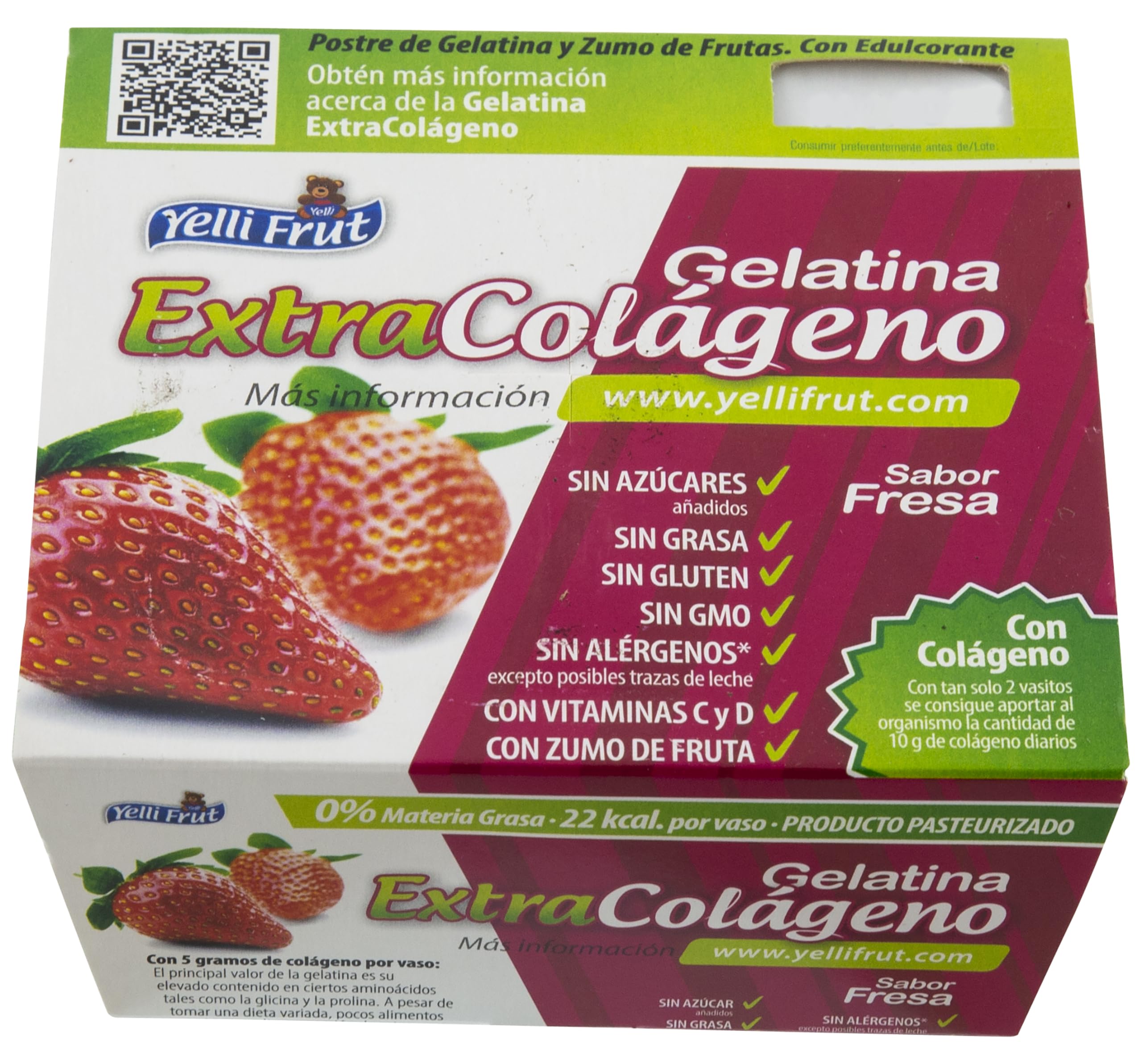 Extra Colágeno Fresa. Postre de Zumo de Frutas y Gelatina. Sabor Fresa en tarrina de 100 gramos. Pack de 12x4 = 48 tarrinas. 8g de colágeno mejora la flexibilidad y función de las articulaciones