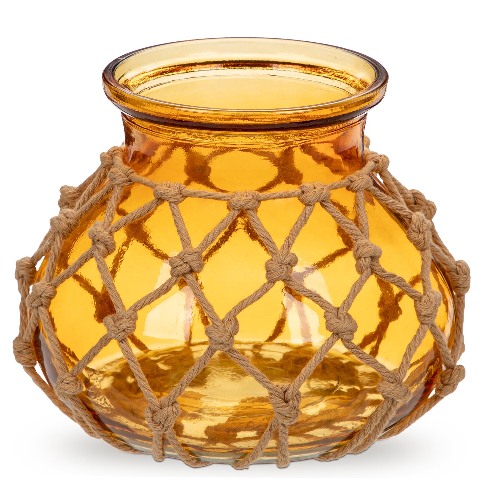 Oairse Glass Vase for Flowers Amber Flower Vase with Cotton Rope Cover Woven Modern Round Glass Vases Décor Decorative Flower Bottle for Table Centerpiece Farmhouse Wedding Party Home Decoration, 13cm