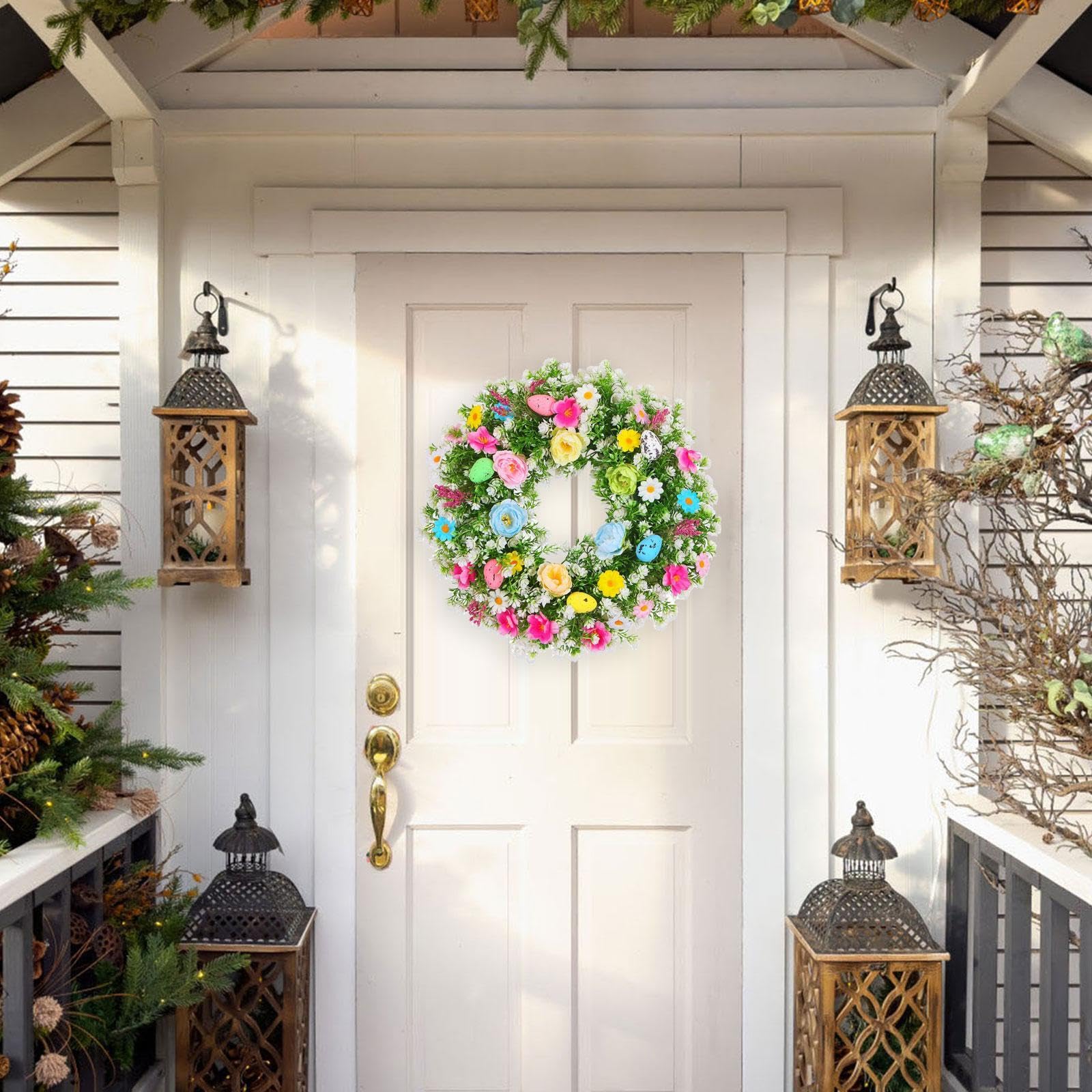 Ghirlanda Pasquale, Fiori Artificiali, Ghirlanda di Uova, Ghirlanda di Foglie Verdi, Decorazione Primaverile con Fiori di Seta per La Porta D'ingr, 55 Cm