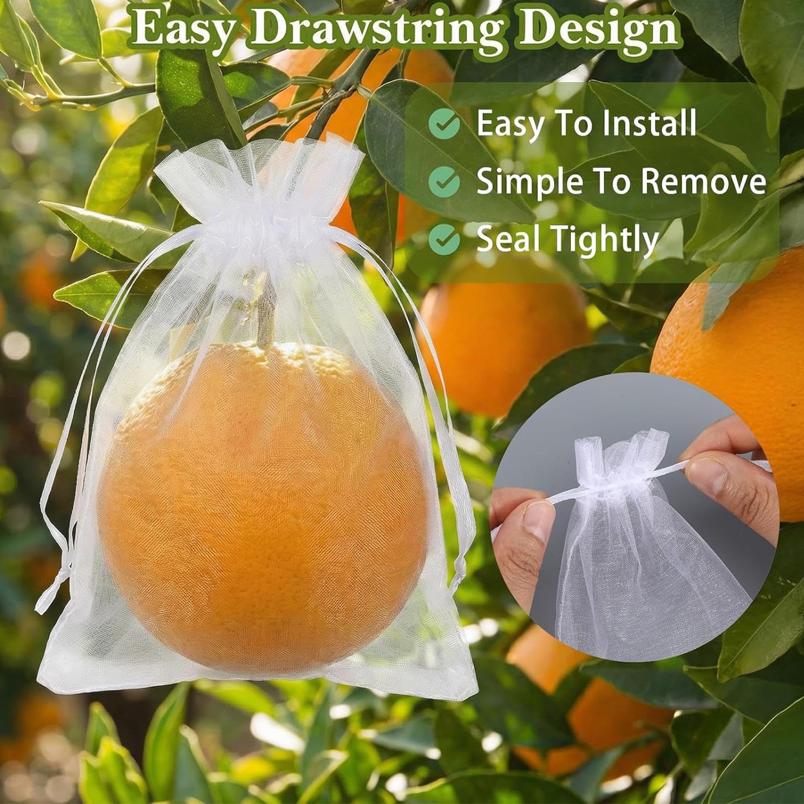 Bolsas de protección de frutas – 100 fundas de red de jardín reutilizables transpirables para árboles frutales con cordón para uvas, tomates, fresas, arándanos, mango, protección de huertos