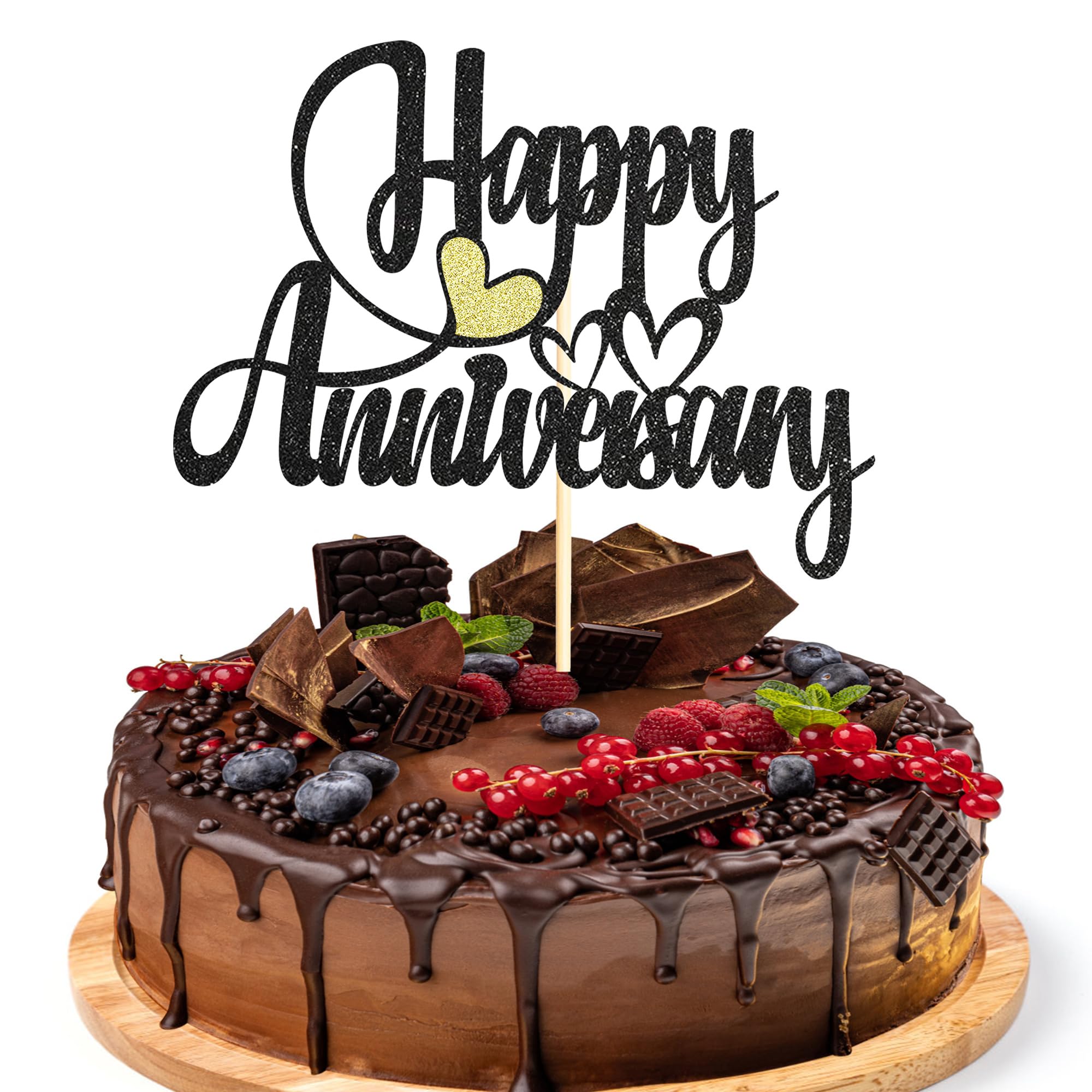 Sotpot 1 Pack Happy Anniversary Cake Topper Black Glitter Cake Decoration for Wedding Birthday Company Anniversary Party Supplies