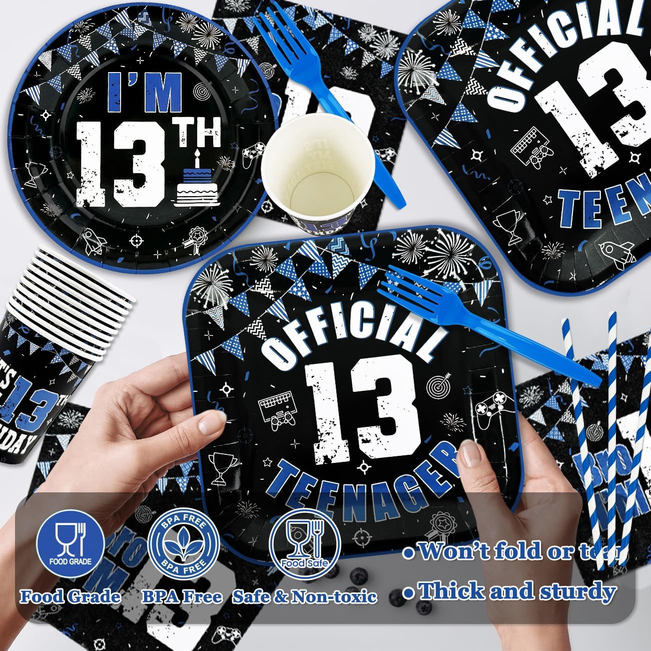 13th Birthday Decorations for Boys Black and Blue Official Teenager 13th Birthday Plates and Napkins Tablecloth Backdrop Omg Ur A Teenager Banner Topper Balloons Since 2013 Boy,Serve 25