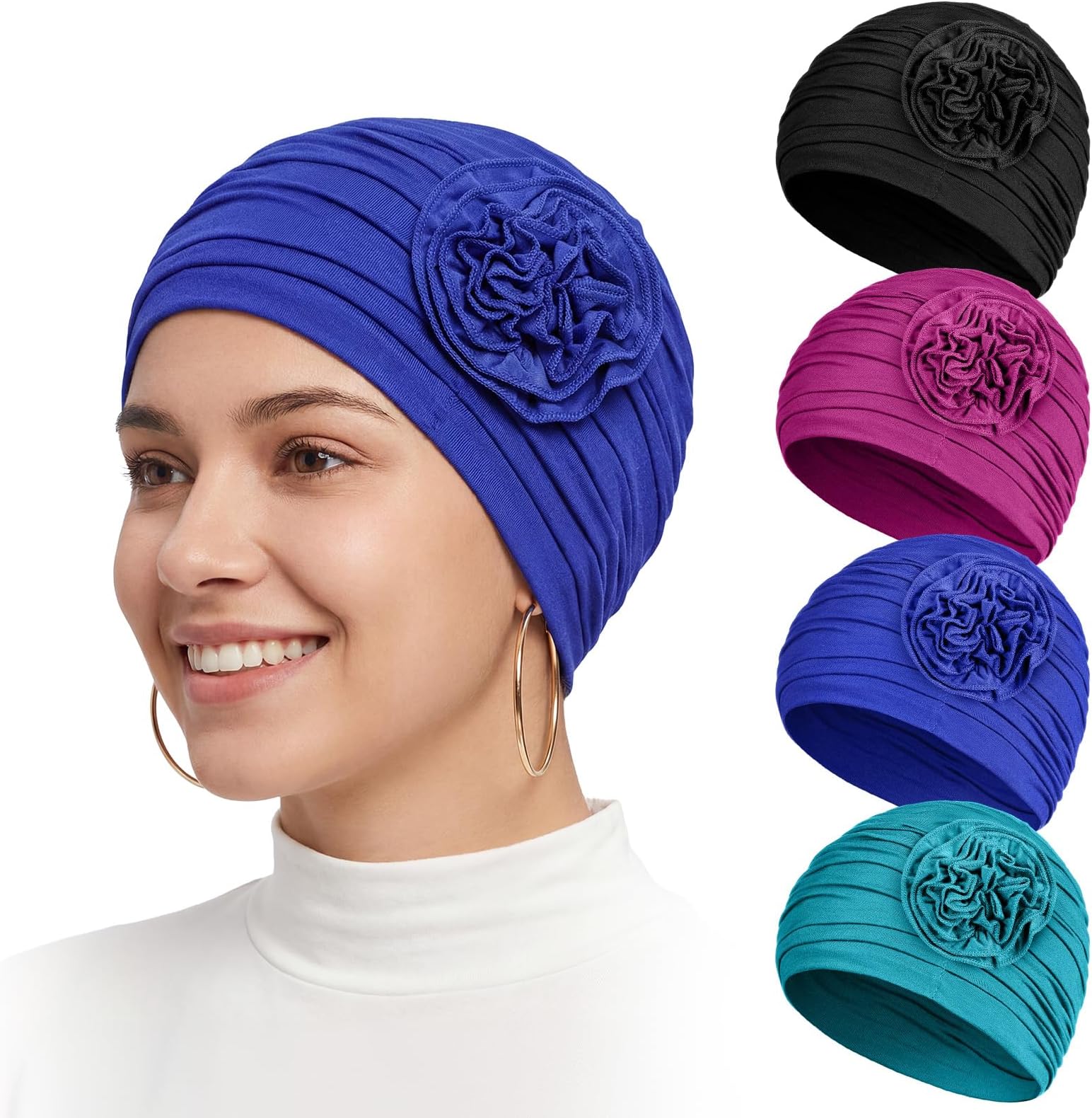4 Pcs Cotton Chemo Headwear for Women Turban Soft Cancer Head Scarf Hats Beanie Elastic Hair Wraps