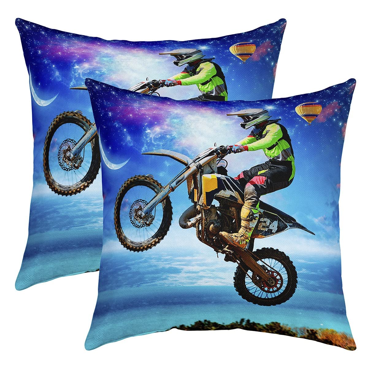 Dirt Bike Throw Pillow Covers Soft Square 20"x20" Extreme Sports Cushion Case Home Decor Set of 2 Racing Motocross Rider Solar System Blue Pillow Cases Pillowcases for Living Room Bedroom Bed Chair — image 1