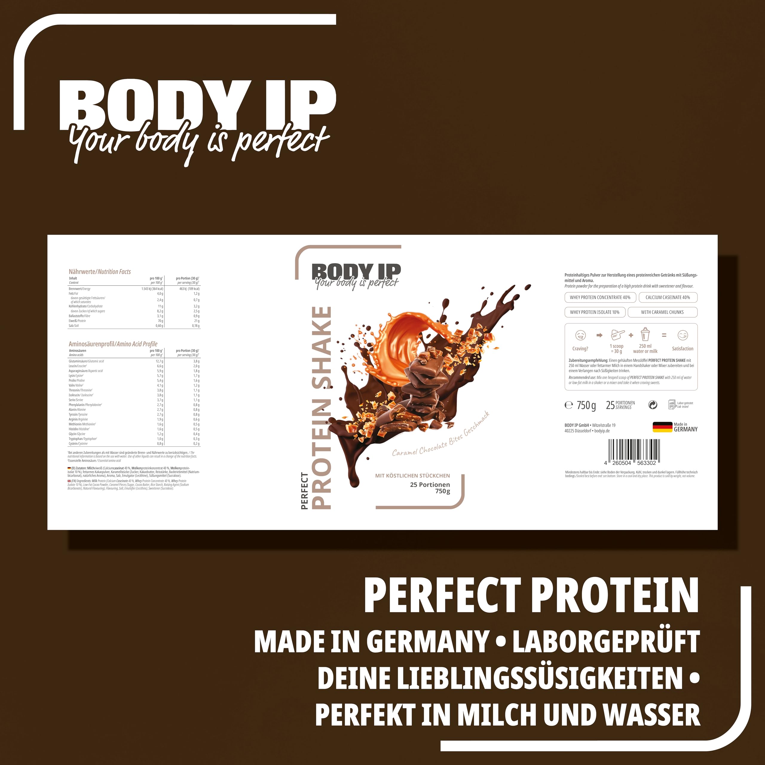 BODY IP Perfect Protein Pulver | dein Süßigkeitenersatz | Caramel Chocolate Bites | Whey Isolat, Whey Konzentrat & Casein | hoher BCAA Anteil | 25 Portionen | Protein Shake für Muskelaufbau | 750g
