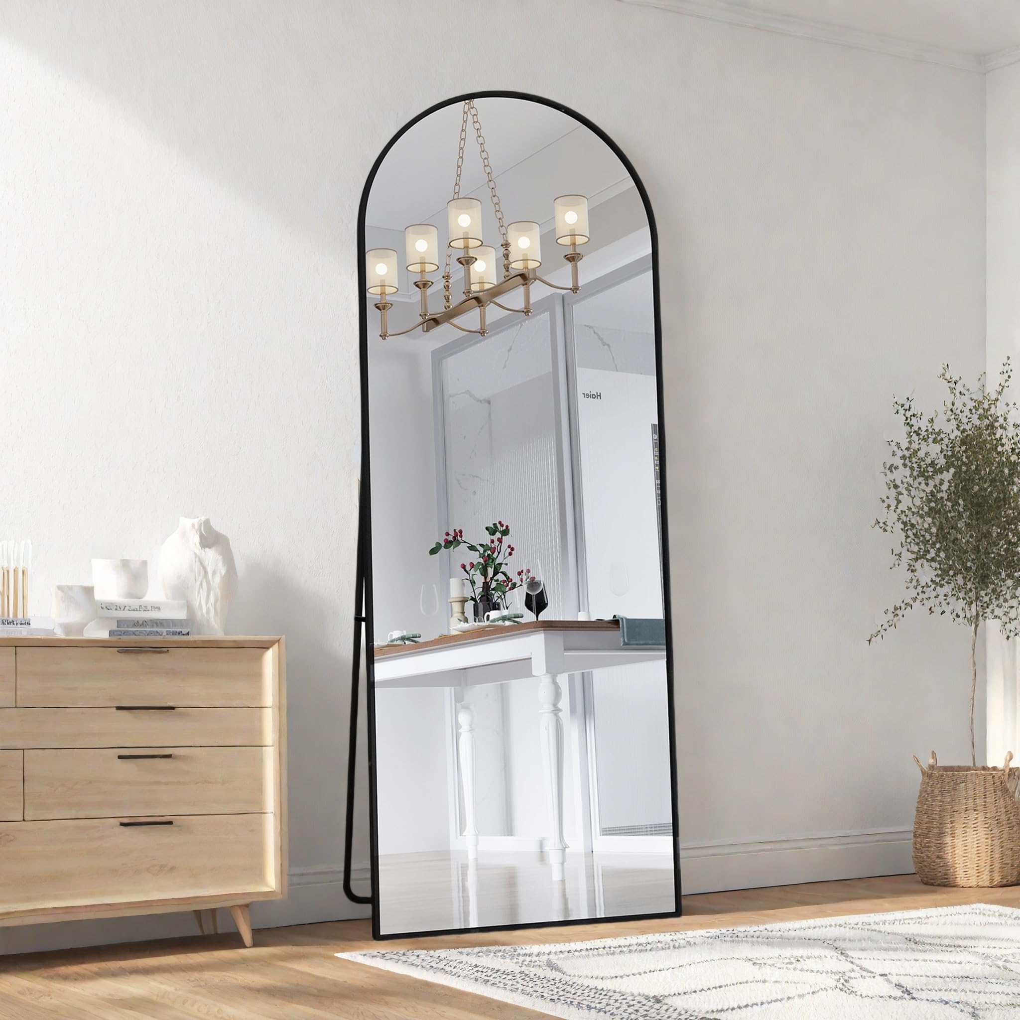 Lustro stojące, 162 x 53 cm, lustro na całej długości, łukowe z metalową ramą, pełne lustro pochylone lub wiszące do salonu, sypialni, przedpokoju (czarne, 162 x 53 cm)