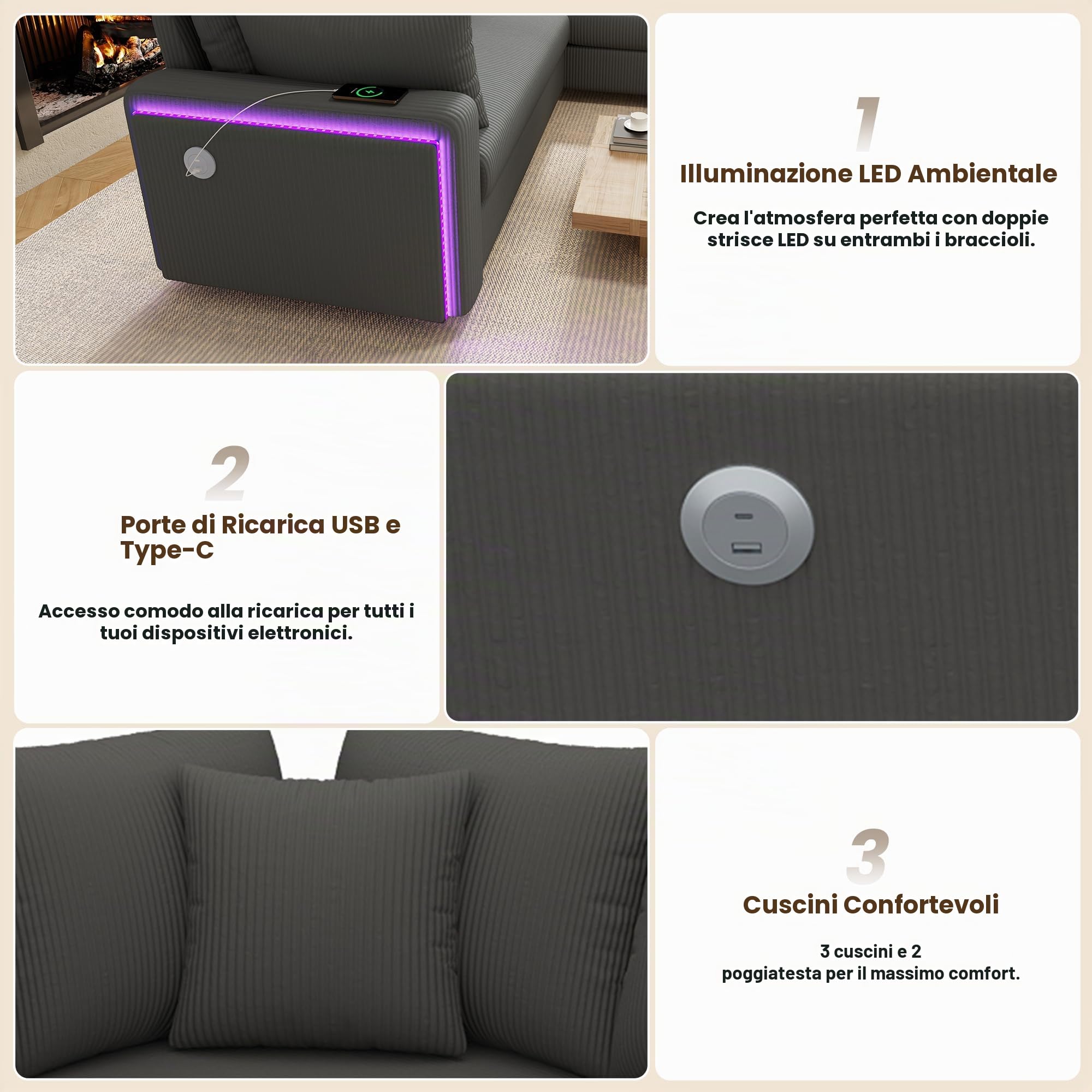 Divano angolare a forma di L con illuminazione a LED, porta di ricarica USB e morbido tessuto in velluto a coste, con cuscini coordinati, divano moderno per il soggiorno (grigio scuro)