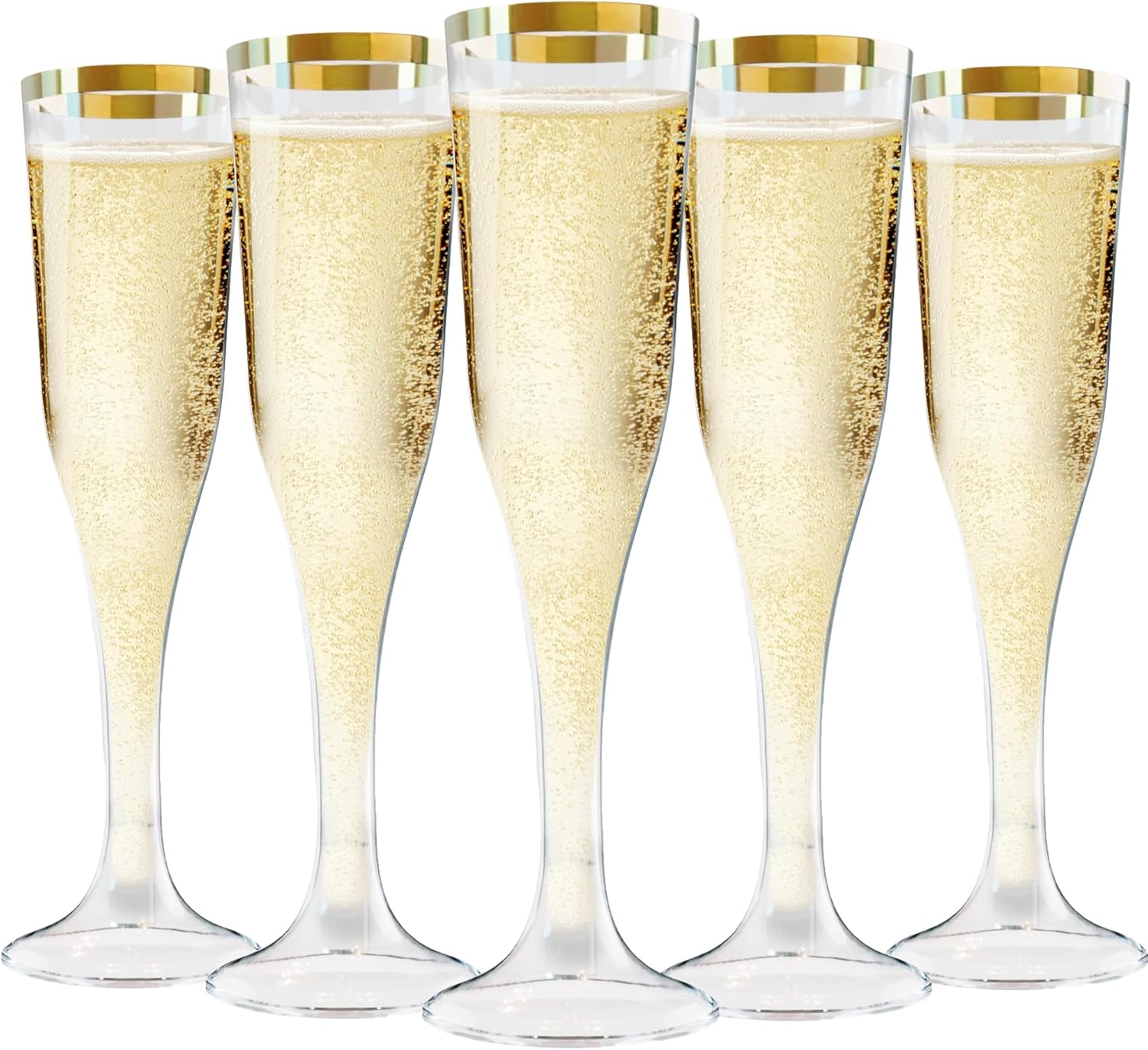 Zcaukya 100 Plastic Champagne Flutes, 4.5oz Clear Disposable Hard Stemware Cups with Golden Rim, Plastic Champagne Glasses for Wedding, Graduation Party, Bridal Shower, Birthday Party