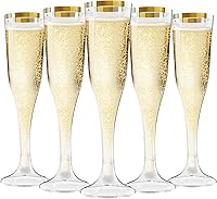 Vista 1 de Zcaukya 100 copas de champán de plástico, 4.5 onzas, vasos duros desechables transparentes con borde dorado, copas de champán de plástico
