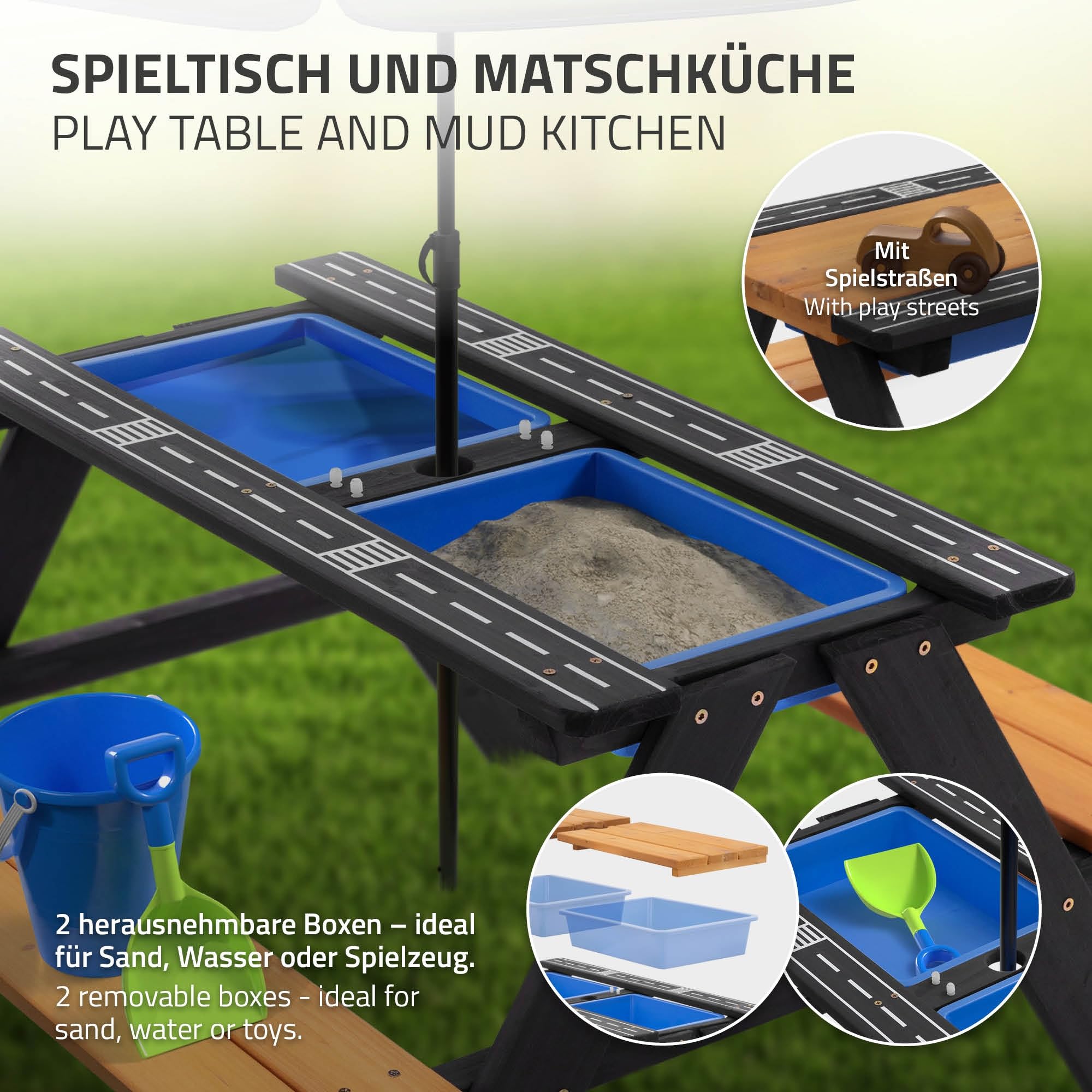 ML-Design 2en1 Ensemble pour Enfants 2 Bancs et Table de Jeux de Sable et d'eau, Brun Naturel, Bois Massif/Métal, Plateau Amovible avec 2 Bacs de Jeu en Plastique Bleu, 4 Places, Trou pour Parasol
