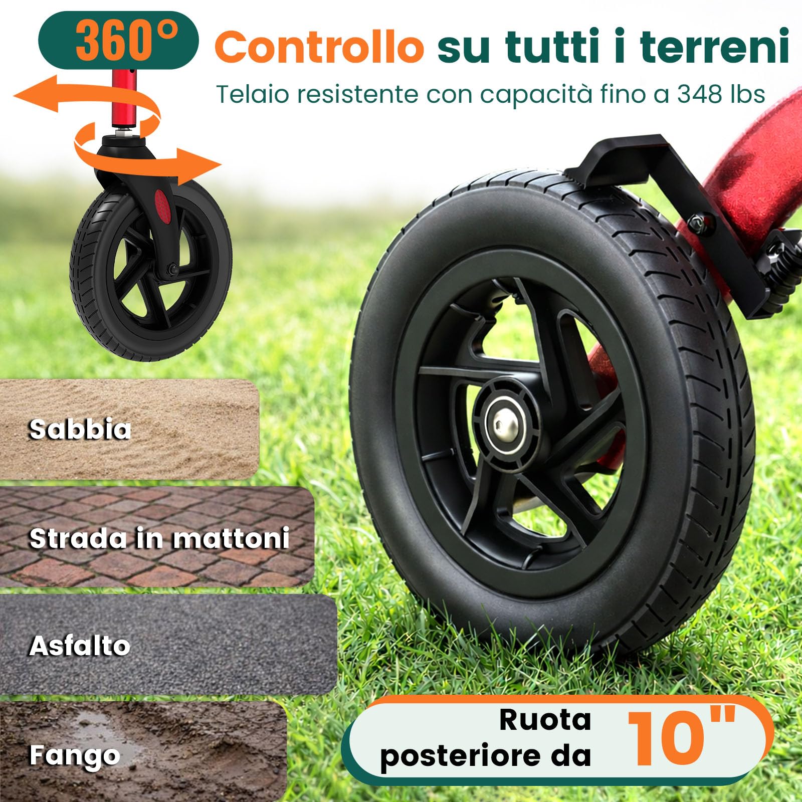 Rollator con seduta 2-in-1, Rollator 4 ruote & Sedia da trasporto, Portata 136 kg, Ruote TPU 8"" anteriori & 10"" posteriori, Doppio freno, Pieghevole, Altezza regolabile, Borsa portaoggetti – Rosso