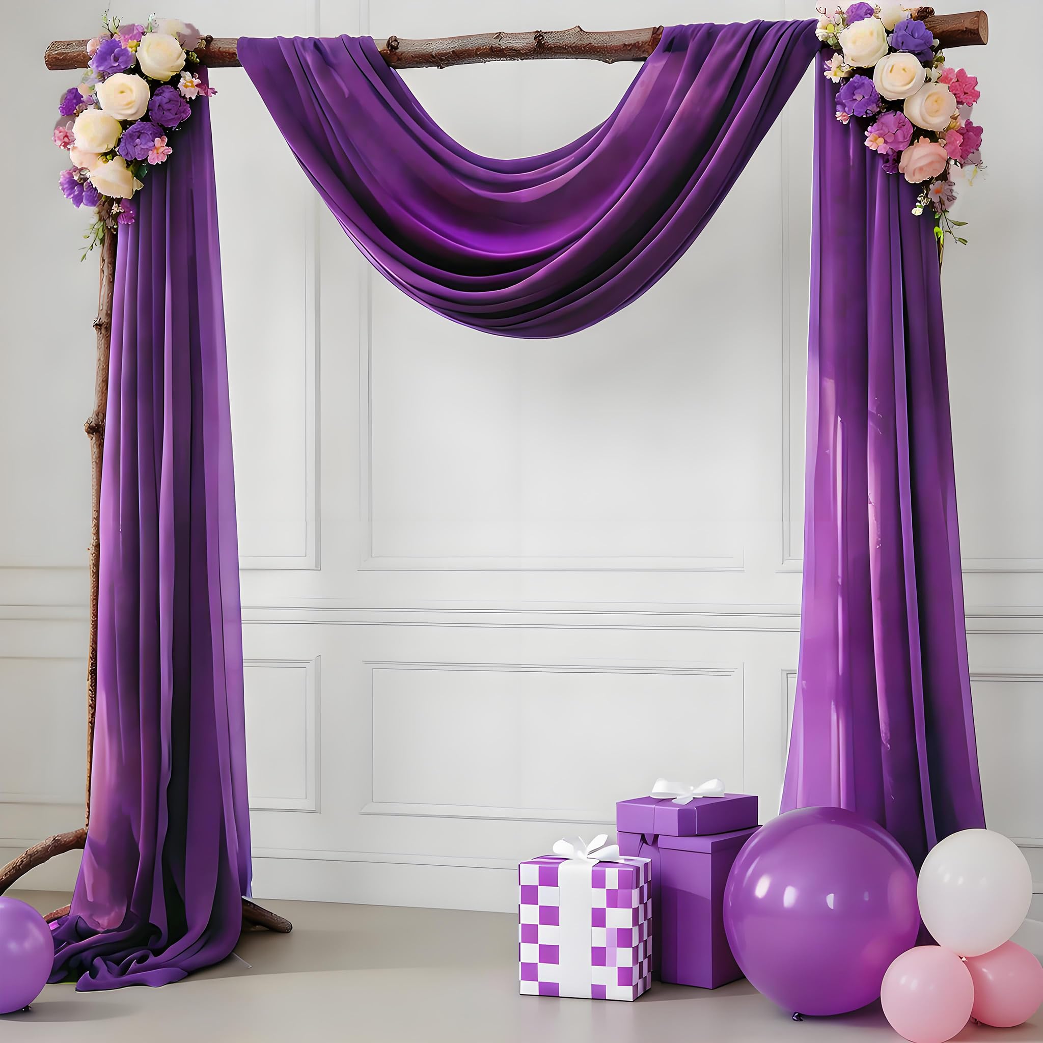 Wedding Arch Draping Fabric Purple 29" X 20FT Sheer Tulle Fabric Chiffon Drapes for Wedding Arbor Ceremony Party Bridal Shower Swag Decoration | Purple Fabric 2 Panels
