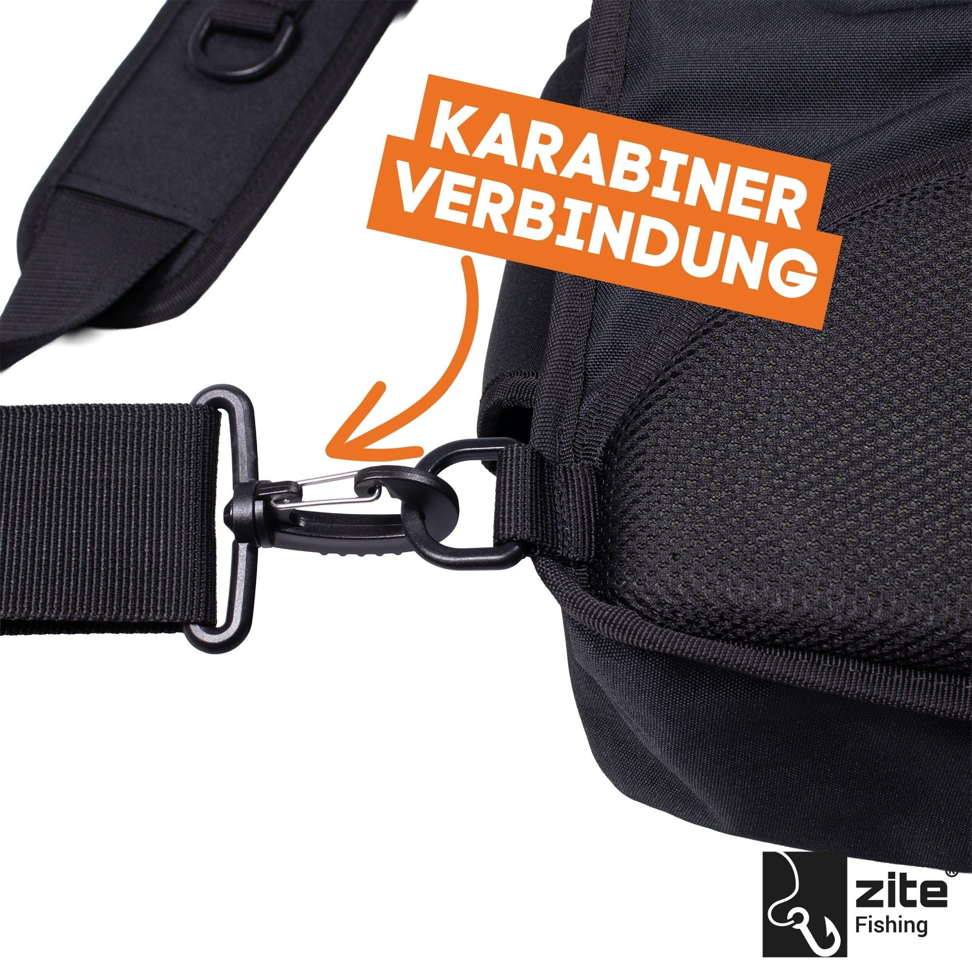 Zite Fishing Slingbag Angeln | Angelrucksack mit 2 Tackleboxen für Angelzubehör | 36×25×13cm Angeltasche | Umhängetasche Extra dickes Rückenpolster | Flaschenhalter & Ideal für Spinnfischen