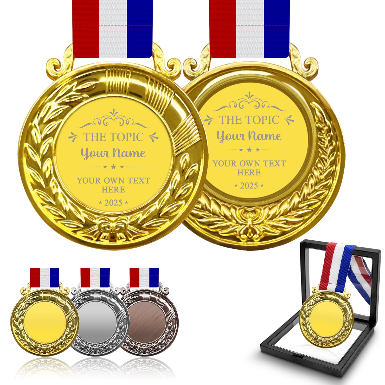 Custom Medals for Awards Personalized Engraved Medal with Text Name MVP Metal Award Medals-Winner Gold Silver Bronze Prizes with Neck Ribbons for